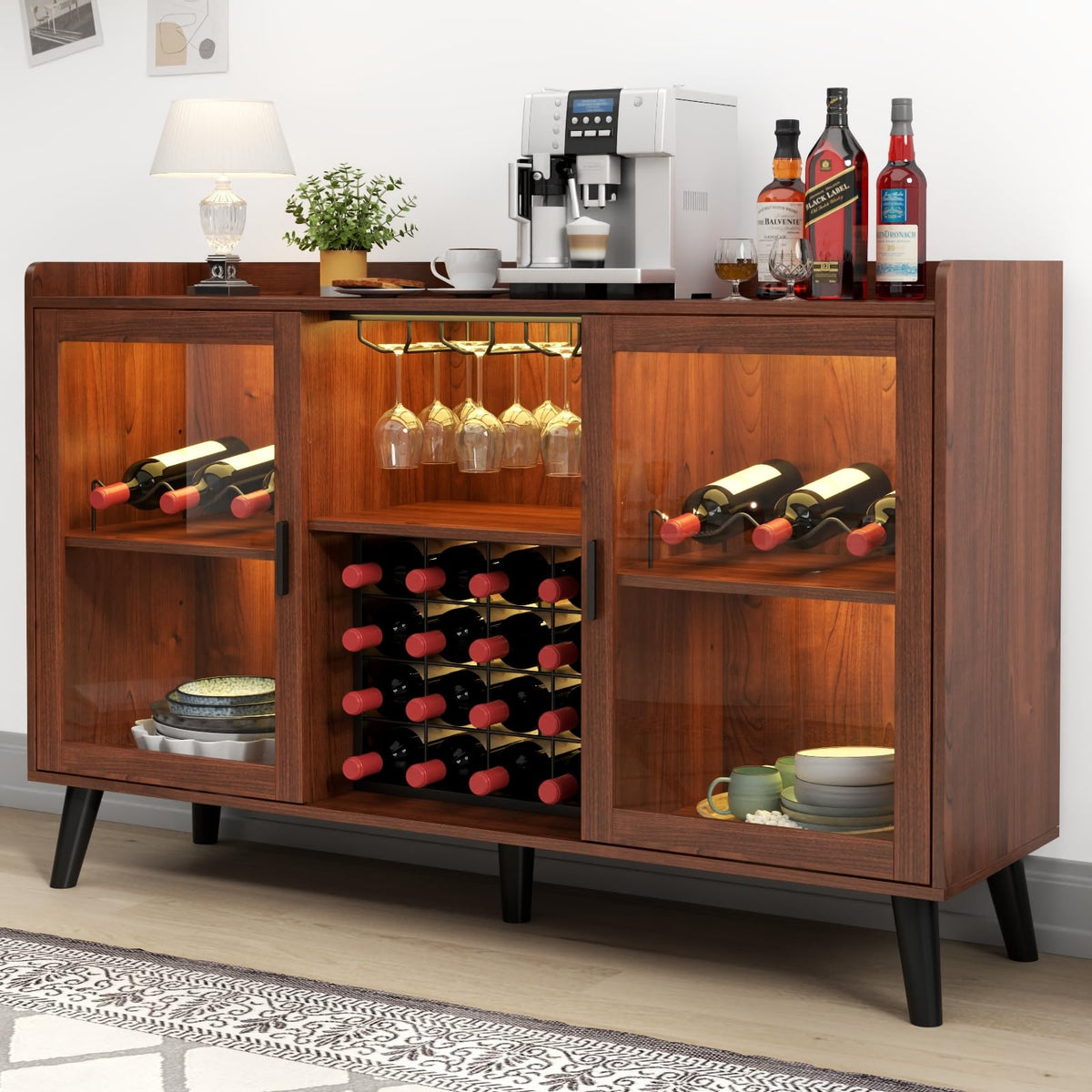 Bar Cabinet with LED Lights & Wine Glass Rack