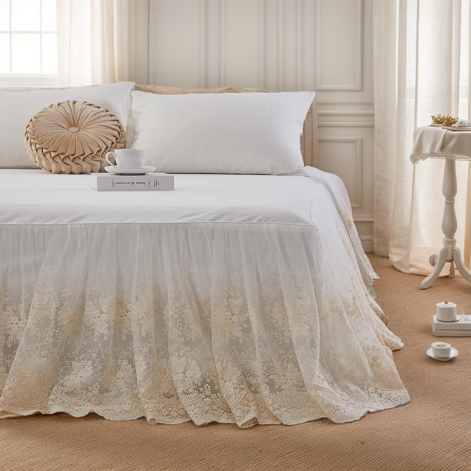 Luxury Cream White Lace Bed Skirt King Size 18 Inch Drop Split Corners Romantic
