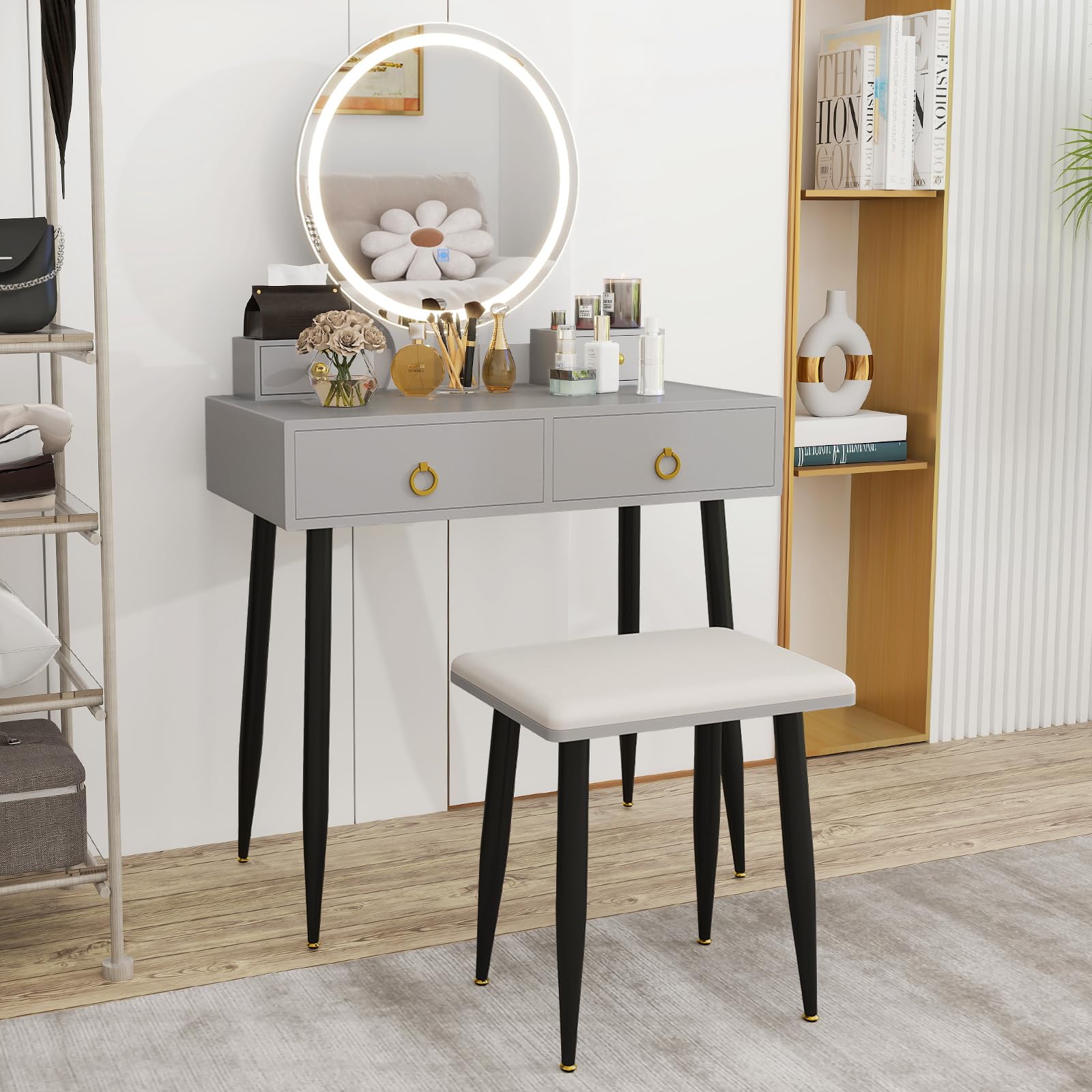Makeup Vanity Set with Lights and Mirror, Small Vanity Desk Set with 4 Drawers