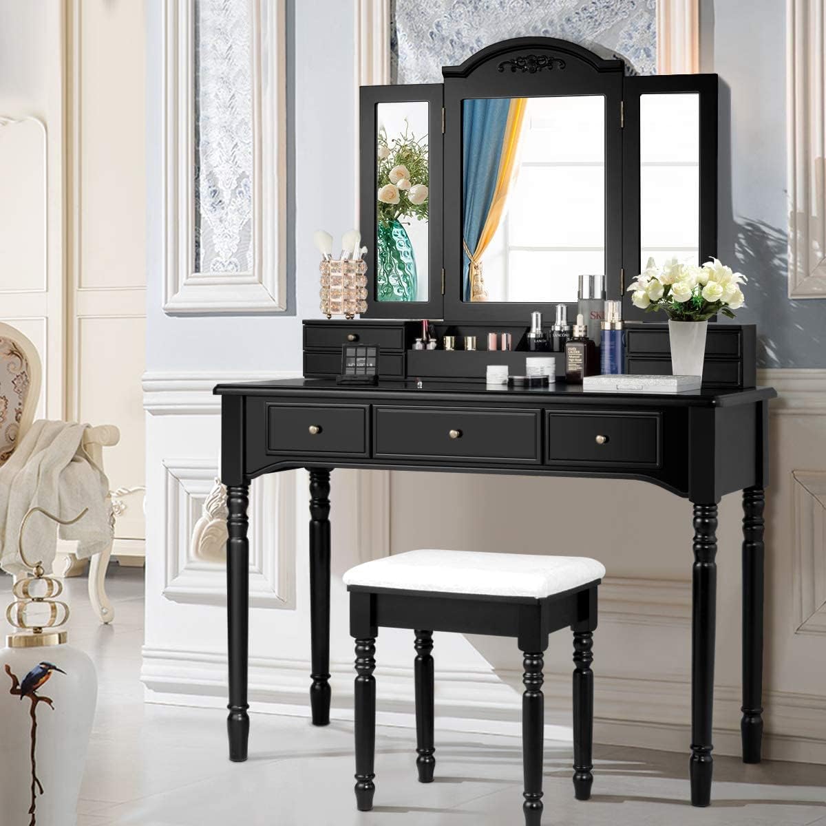 Vanity Desk Set with Mirror and 7 Drawers, Makeup Dressing Table w/Cushioned