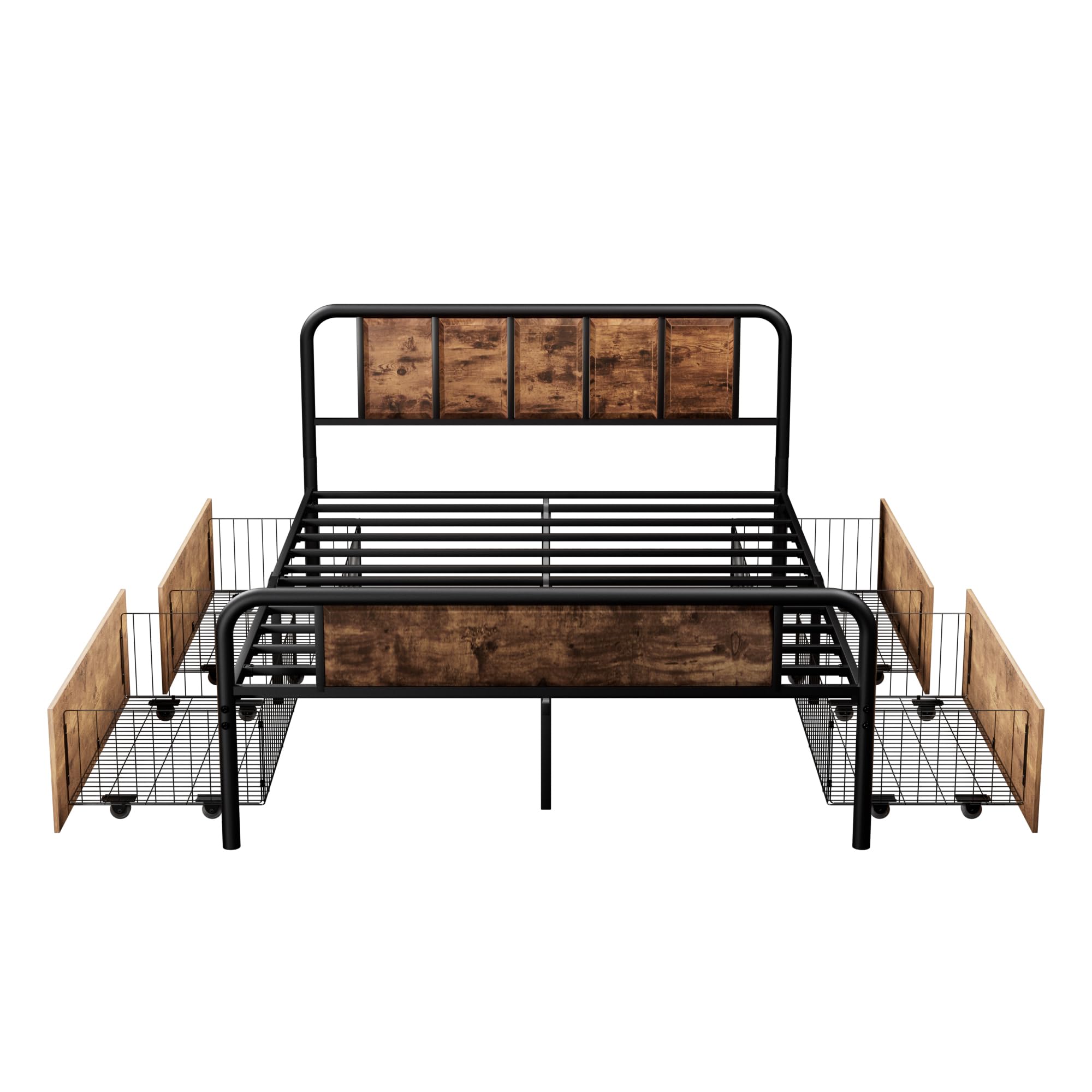Queen Size Metal Platform Bed Frame with Wooden Headboard and 4 Storage