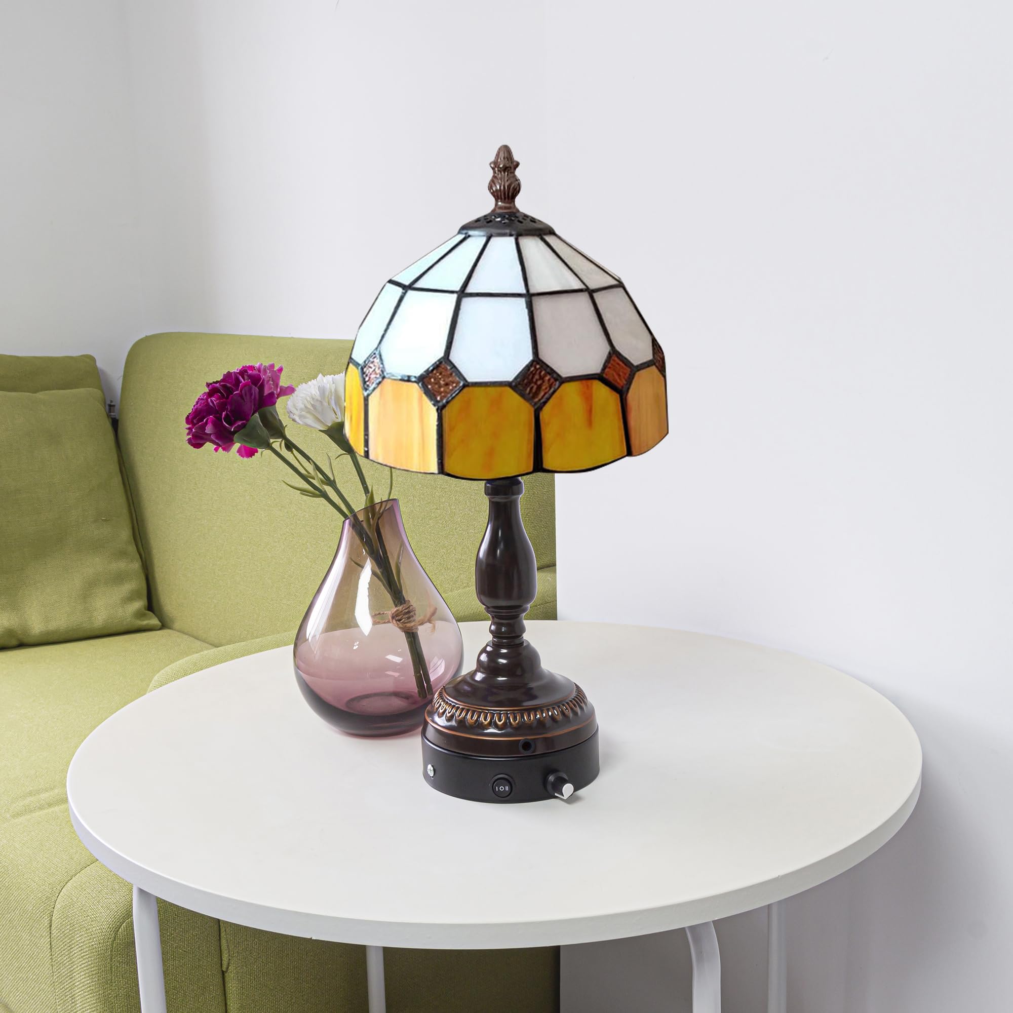 Cordless Table Lamp, Dimmable Bedside Lamps for Nightstand with Yellow Glass