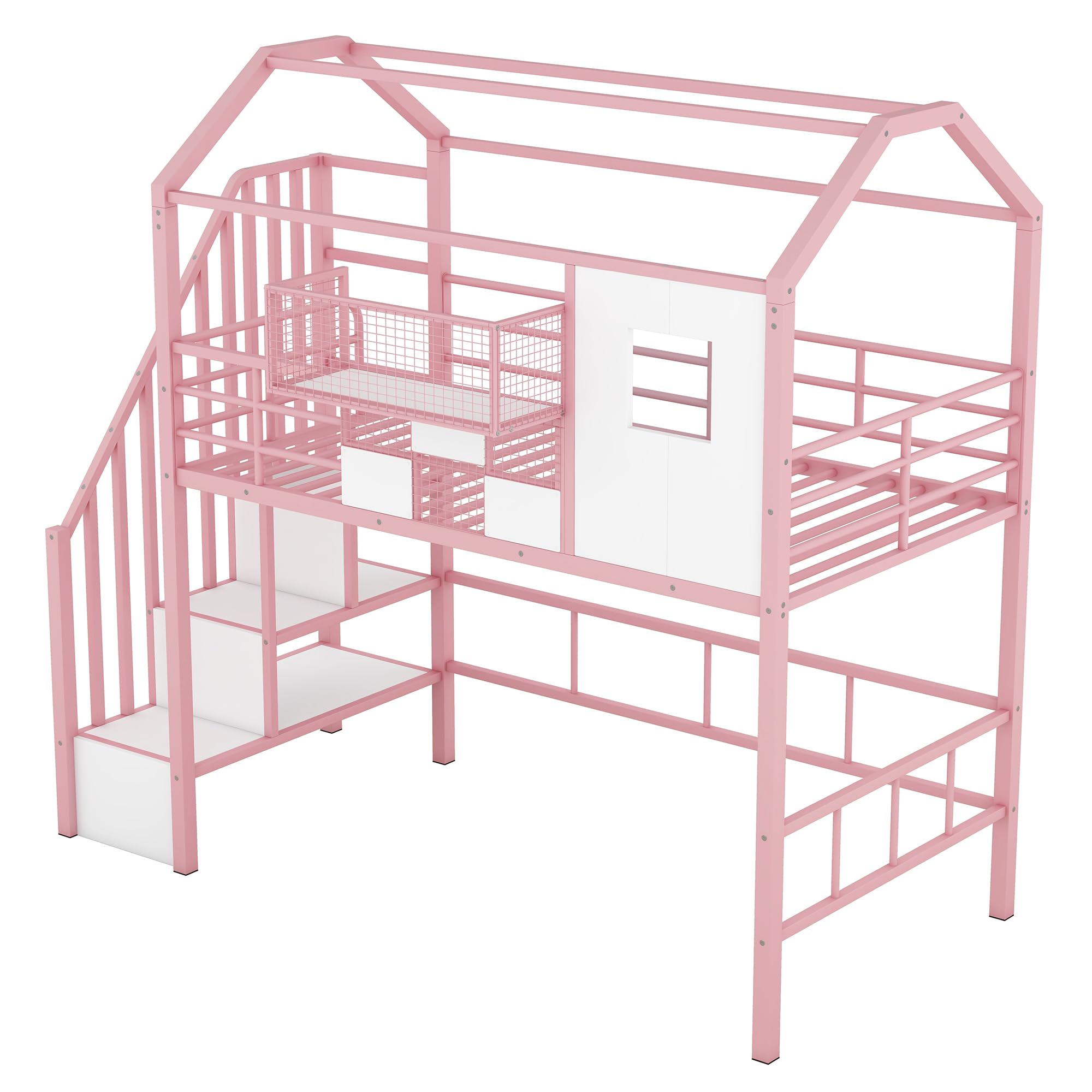 Loft Bed with Stairs and Storage, Heavy-Duty Metal Princess Loft