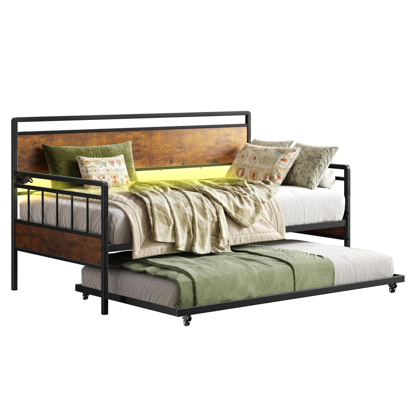 Daybed with Trundle with Charging Station and LED Lights, Metal Sofa