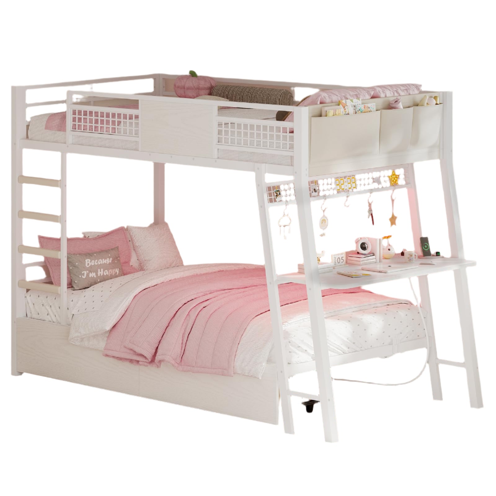 Bunk Bed with Desk, Twin Over Twin Metal Bunk Beds with Power Outlets
