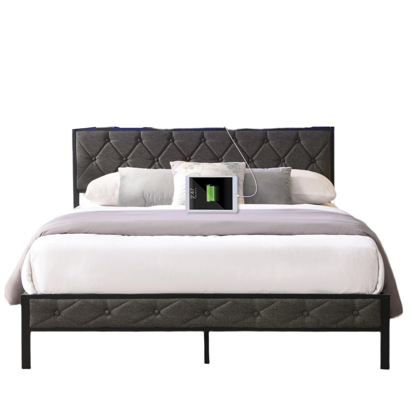 Bed Frame with Headboard,LED Lights & Charging Station, Upholstered Platform