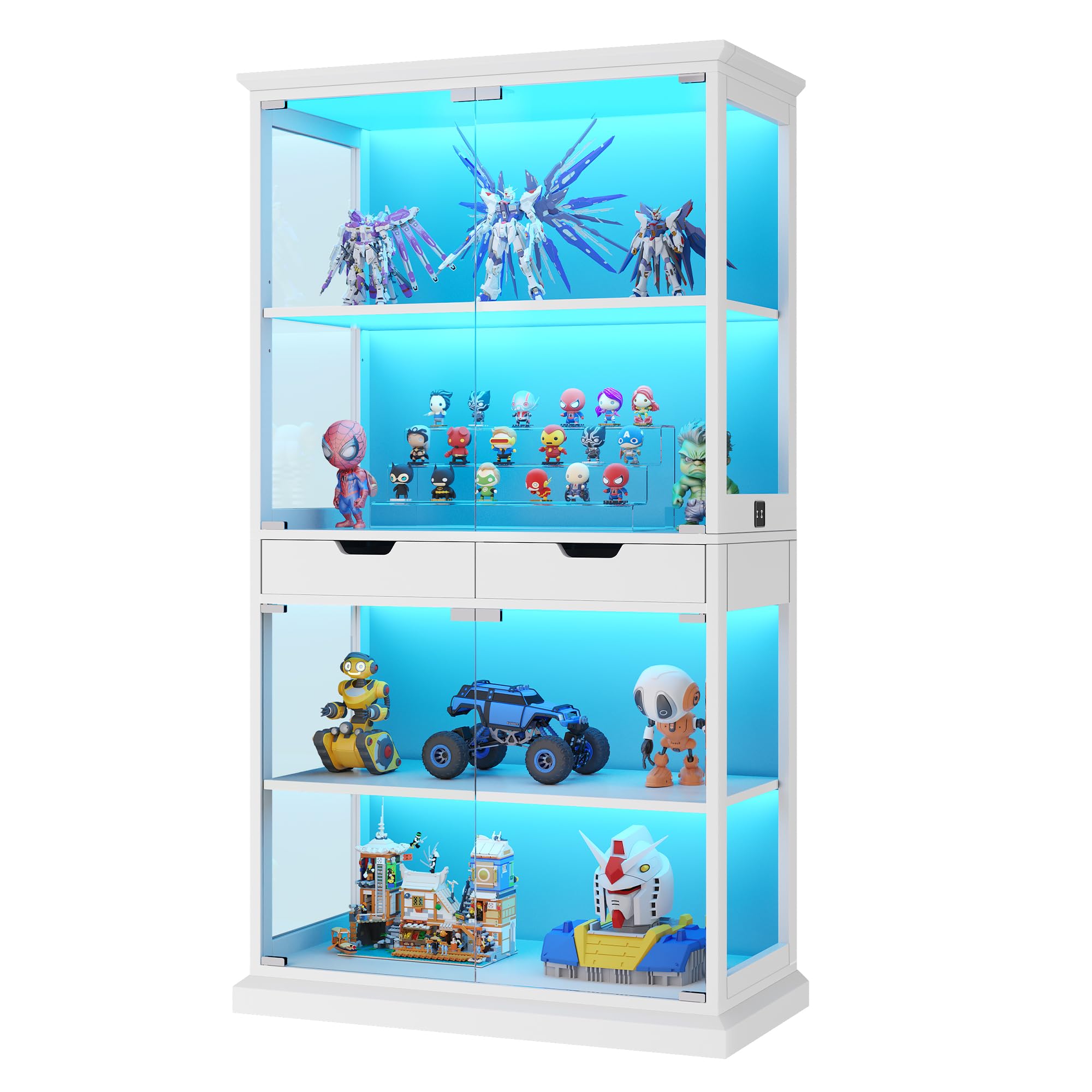 68" Glass Display Cabinet with RGB Lights & Human Sensor, 4-Tier Curio Cabinet with 2 Drawers