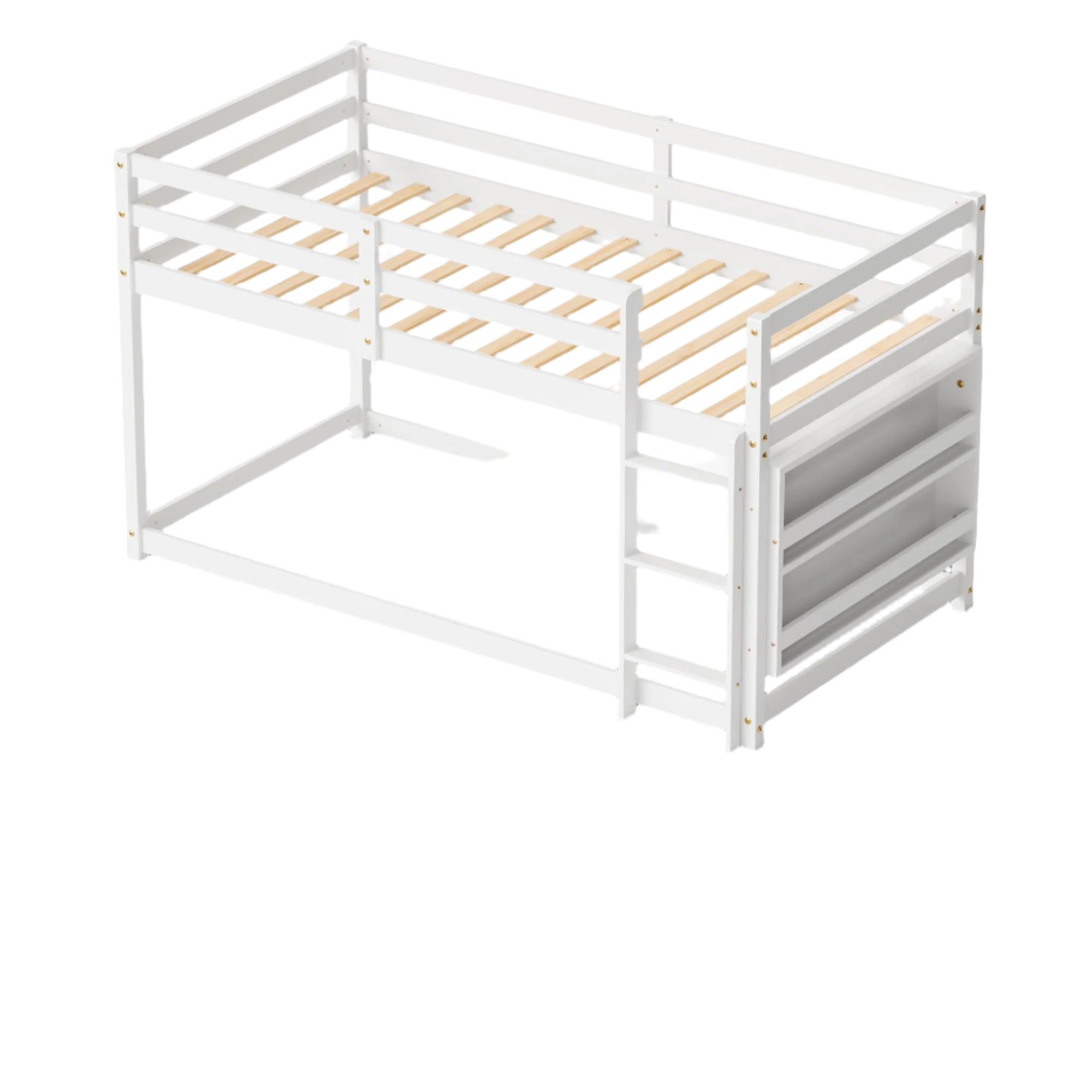 Low Bunk Bed Twin Over Twin, Floor Bunk Bed with Bookshelf&Ladder