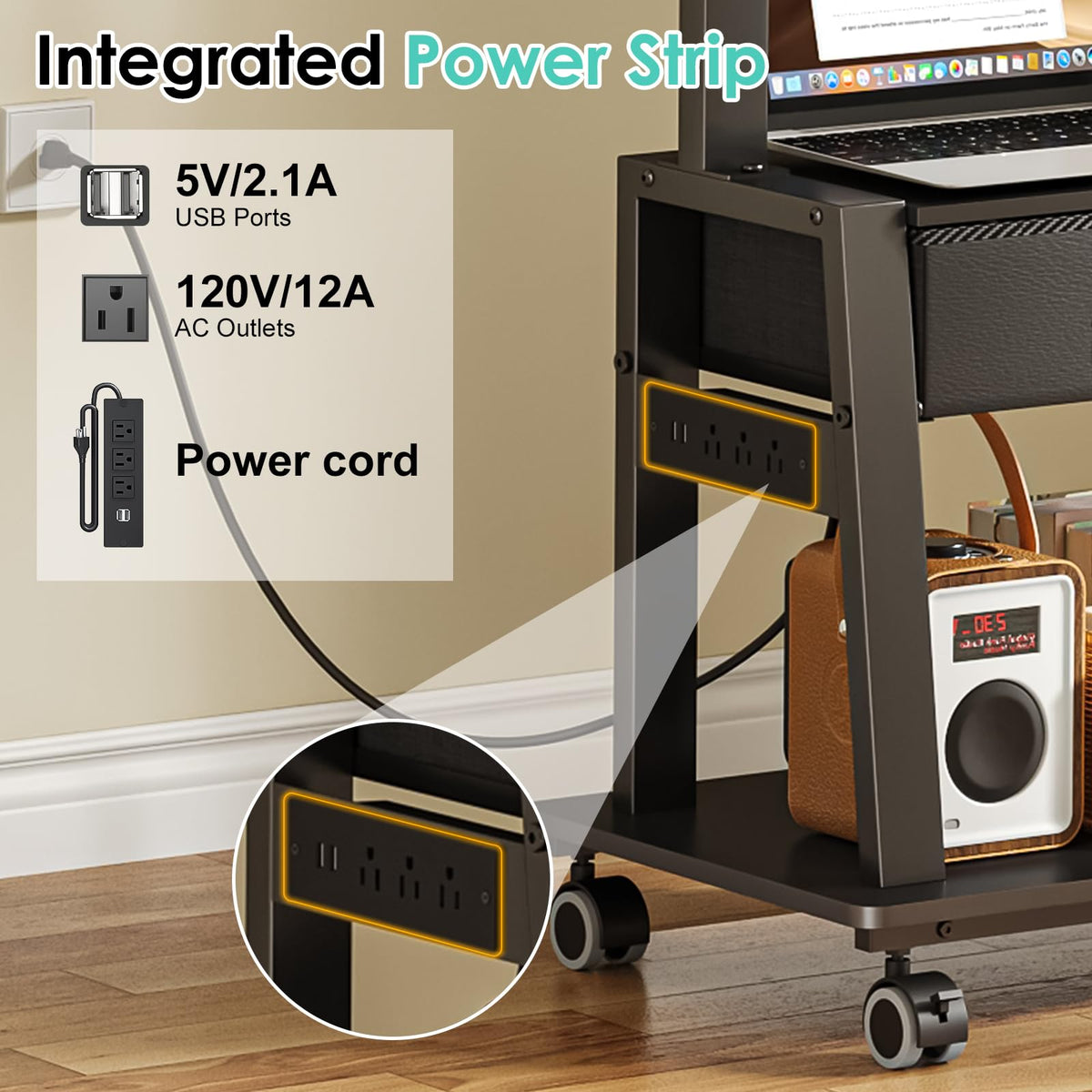 Rolling TV Stand with Power Outlet & Wheels for 23–75" TVs