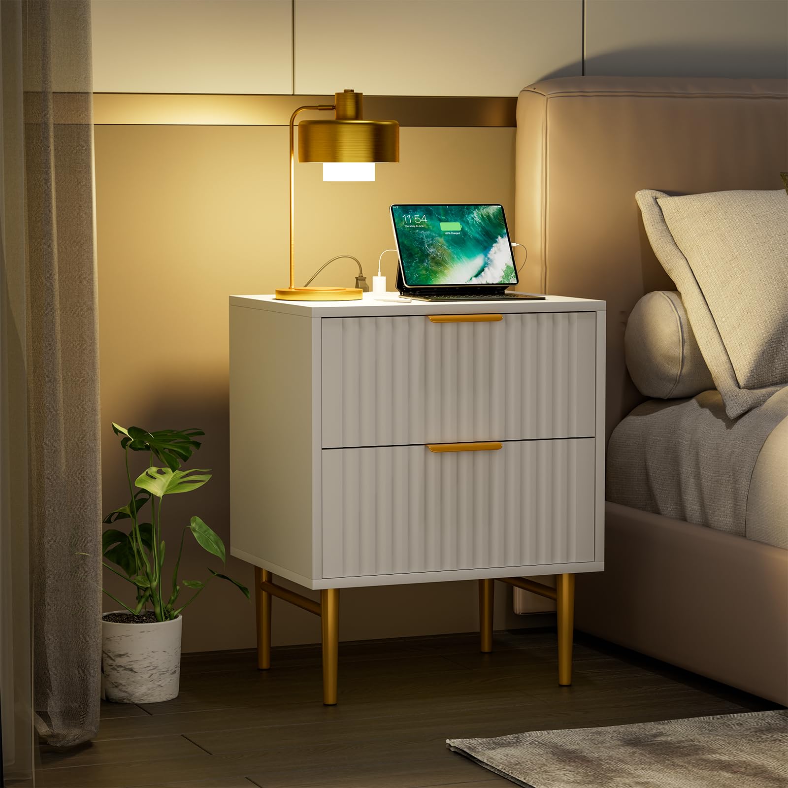 White Nightstand Set of 2 with Charging Station, Wood Side Tables with 2 Drawers