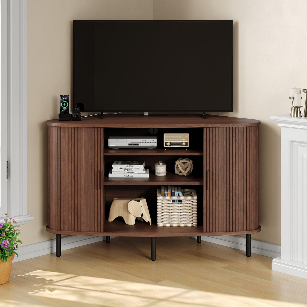 47" Fluted Corner TV Stand with Sliding Doors