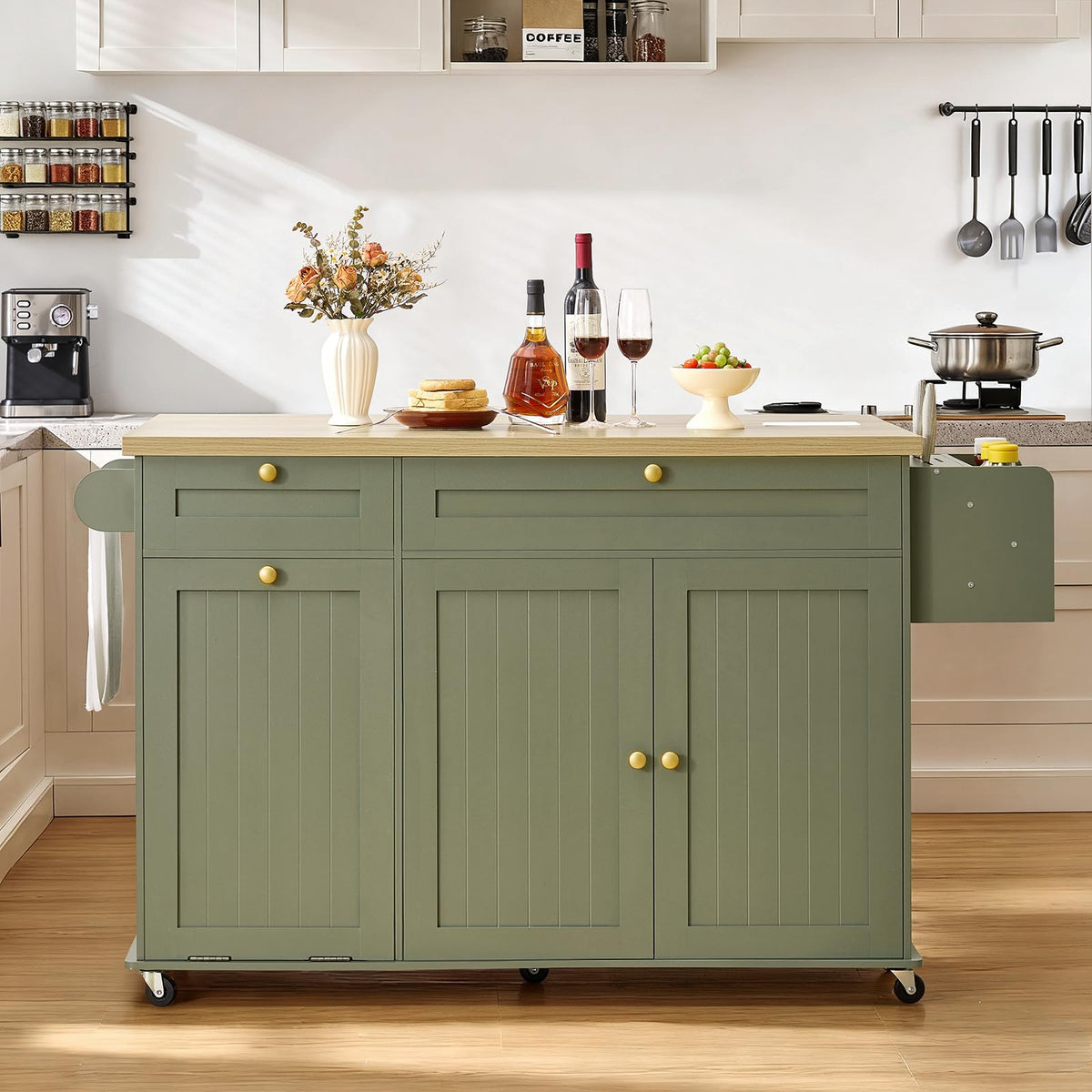 Rolling Kitchen Island with Drop Leaf & Power Outlet