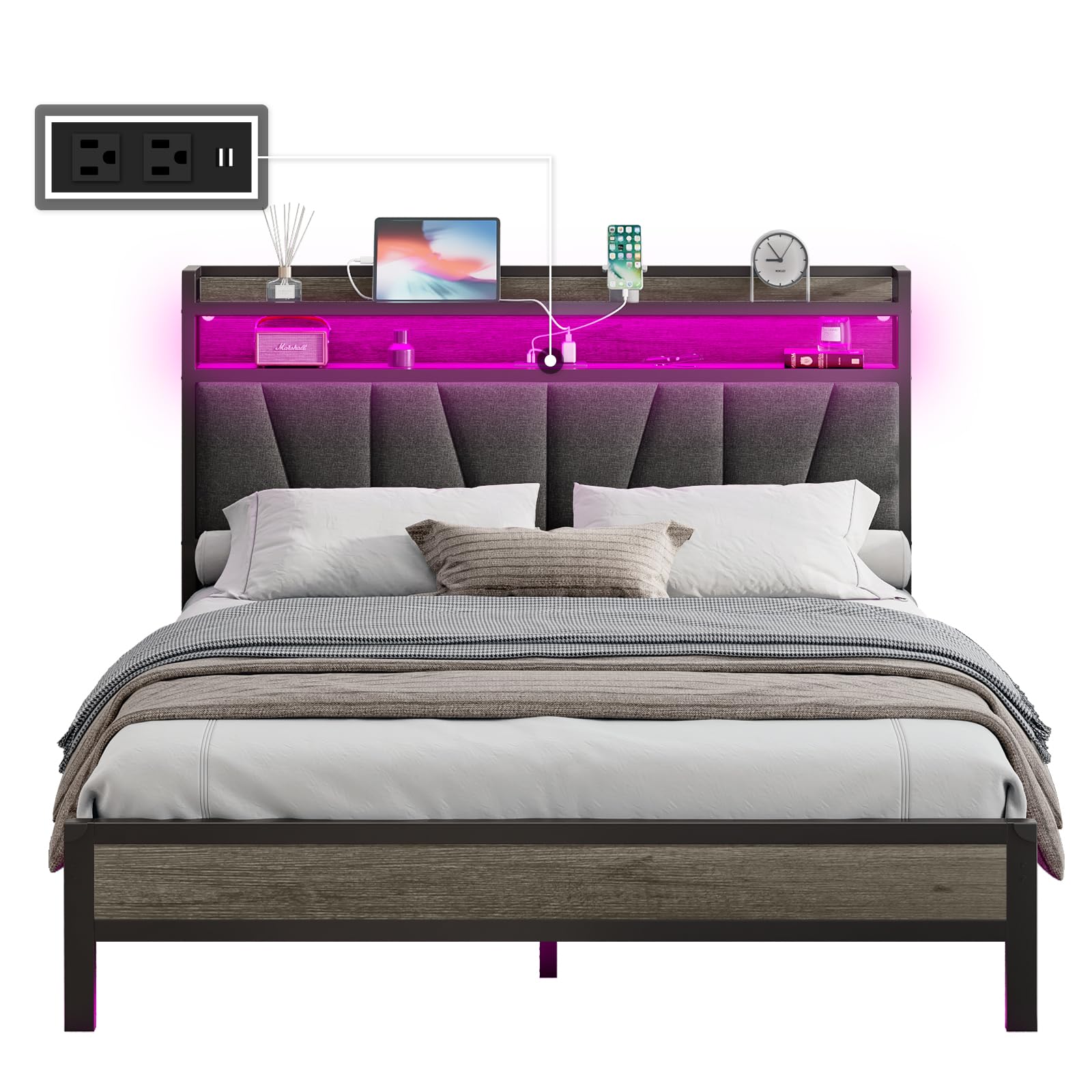 Queen Size Bed Frame with RGB Lights & Charging Station