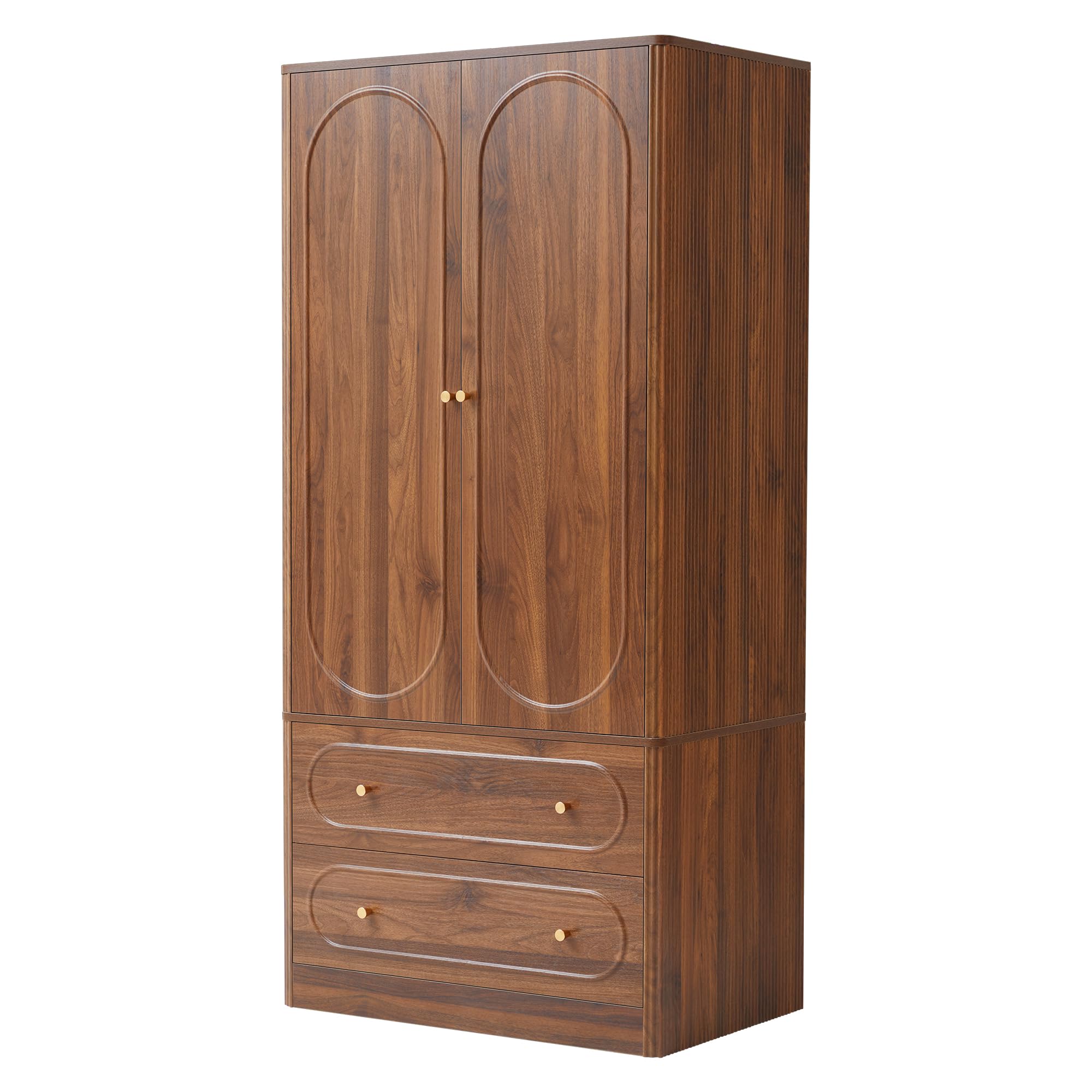 Fluted Freestanding Armoire Wardrobe Closet with 2 Doors and 2 Storage Drawers