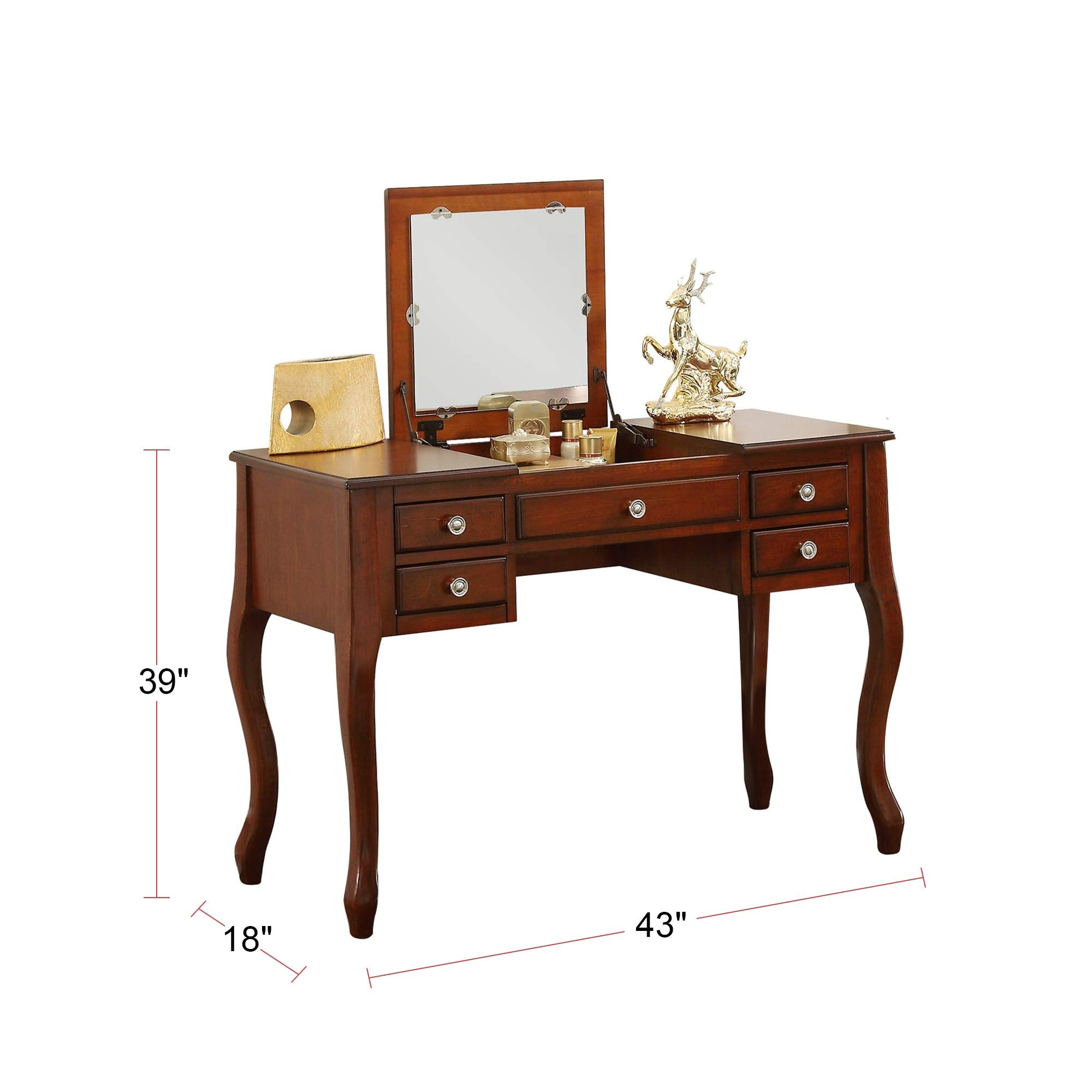 Bobkona Cailyn Flip Up Mirror vanity Set with Stool in Cherry
