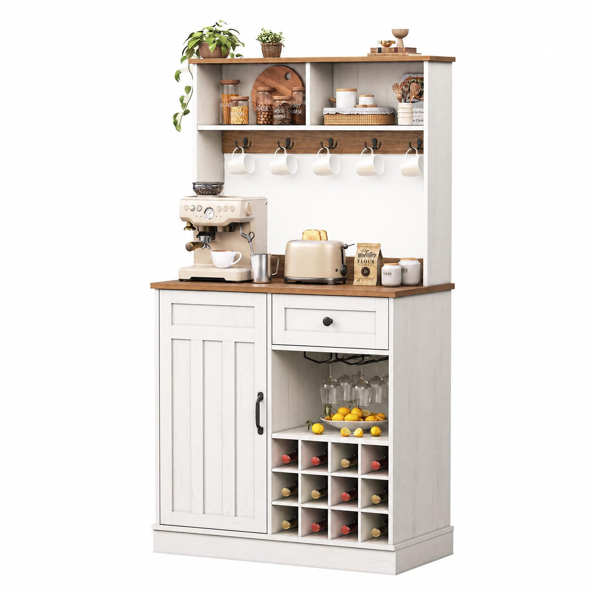 Farmhouse Coffee Bar Cabinet with Hutch, Power Outlet & LED