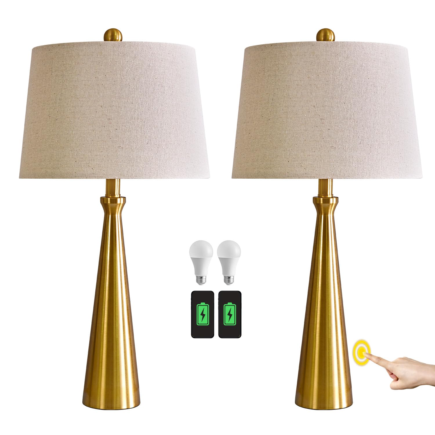 3-Way Dimmable Touch Control Modern USB Table Lamp Set of 2 for Living Room