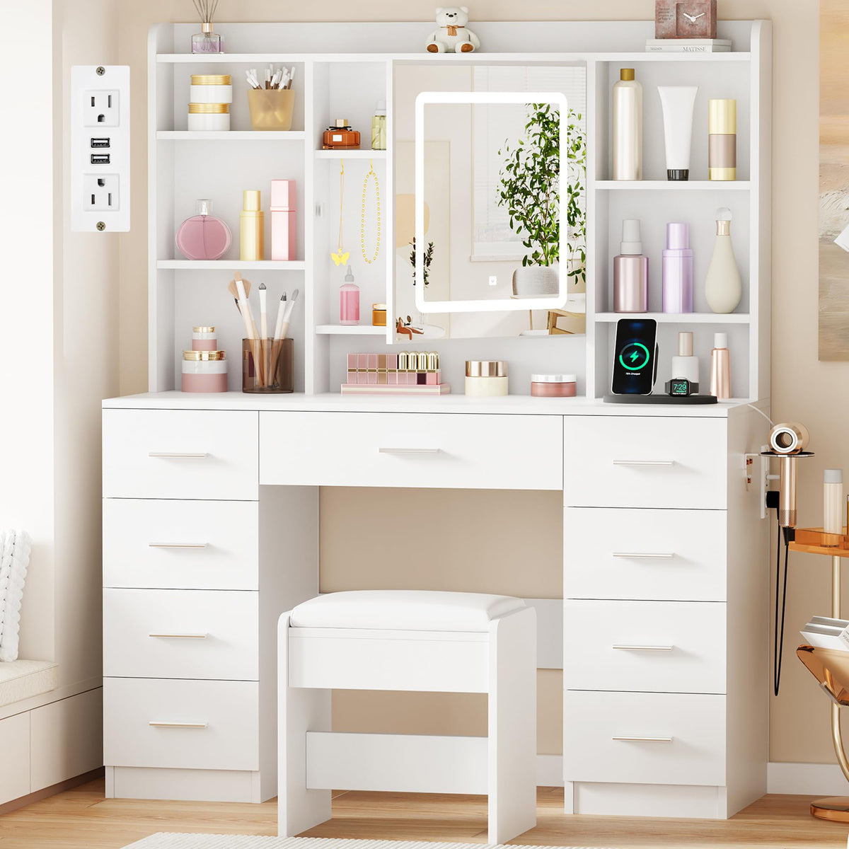 Vanity Desk with Lighted Mirror, Storage & Cushioned Stool