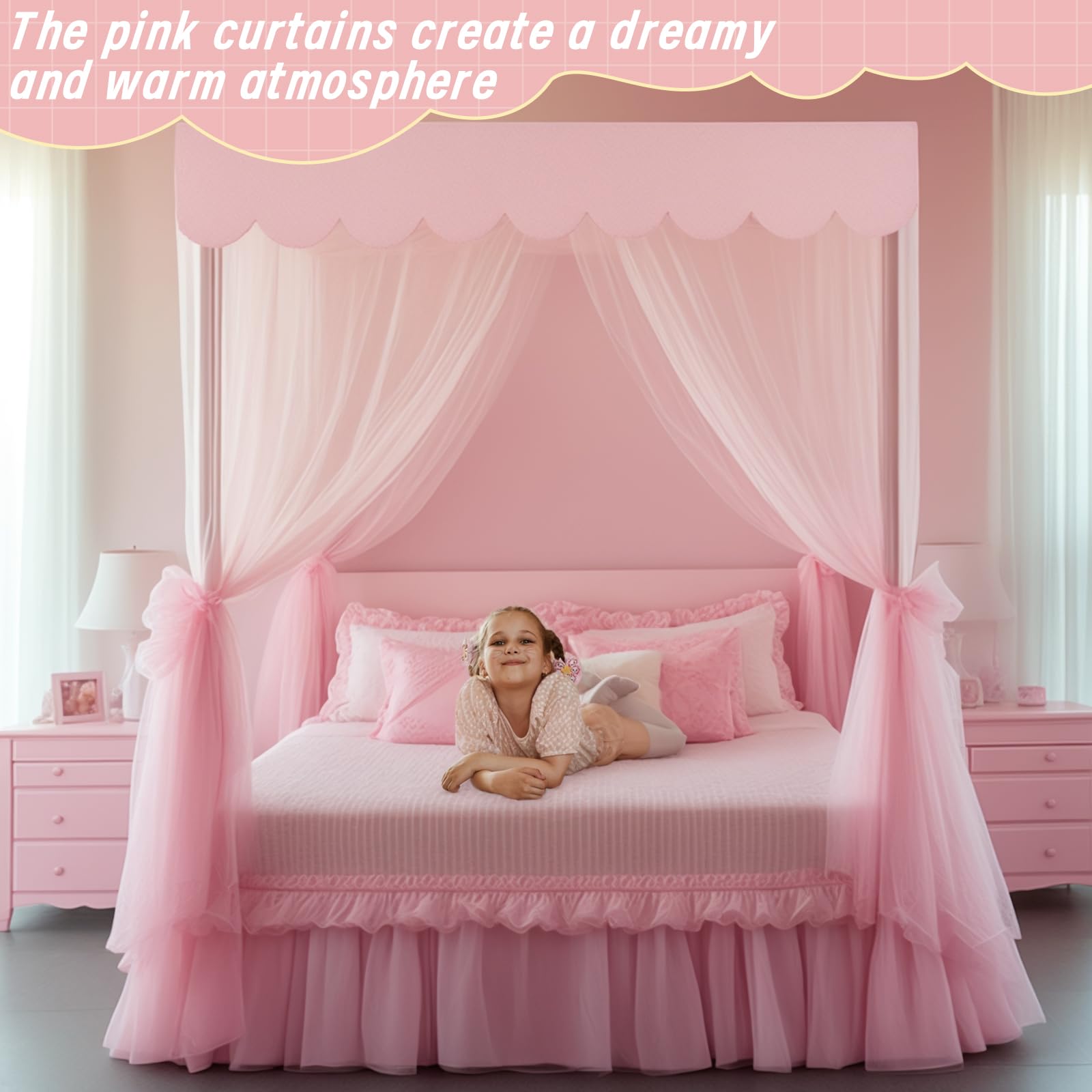 Pink Canopy Bed Curtains - 4 Corner Post Pink mesh Bed Curtains Canopy Twin Bed