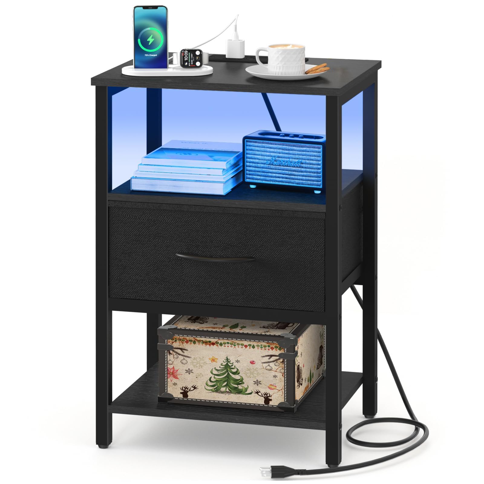 Side Table with Storage, LED Night Stand with Charging Station