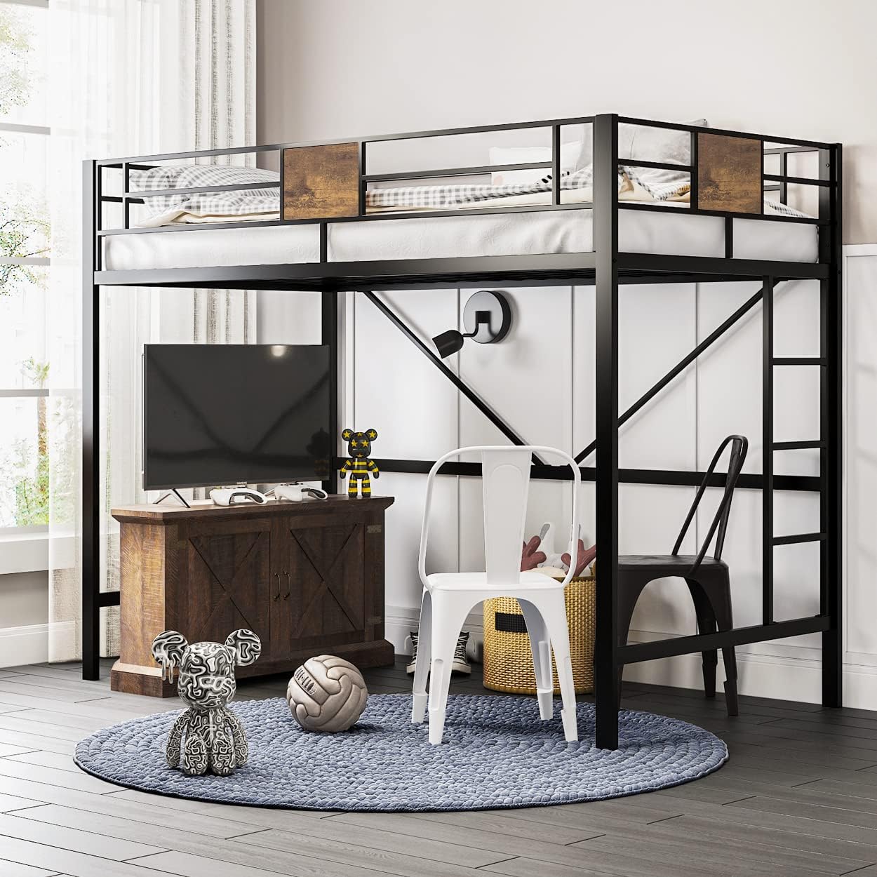 Loft Bed Twin Size with Ladder and Guardrail,Rustic Design,Metal Slats