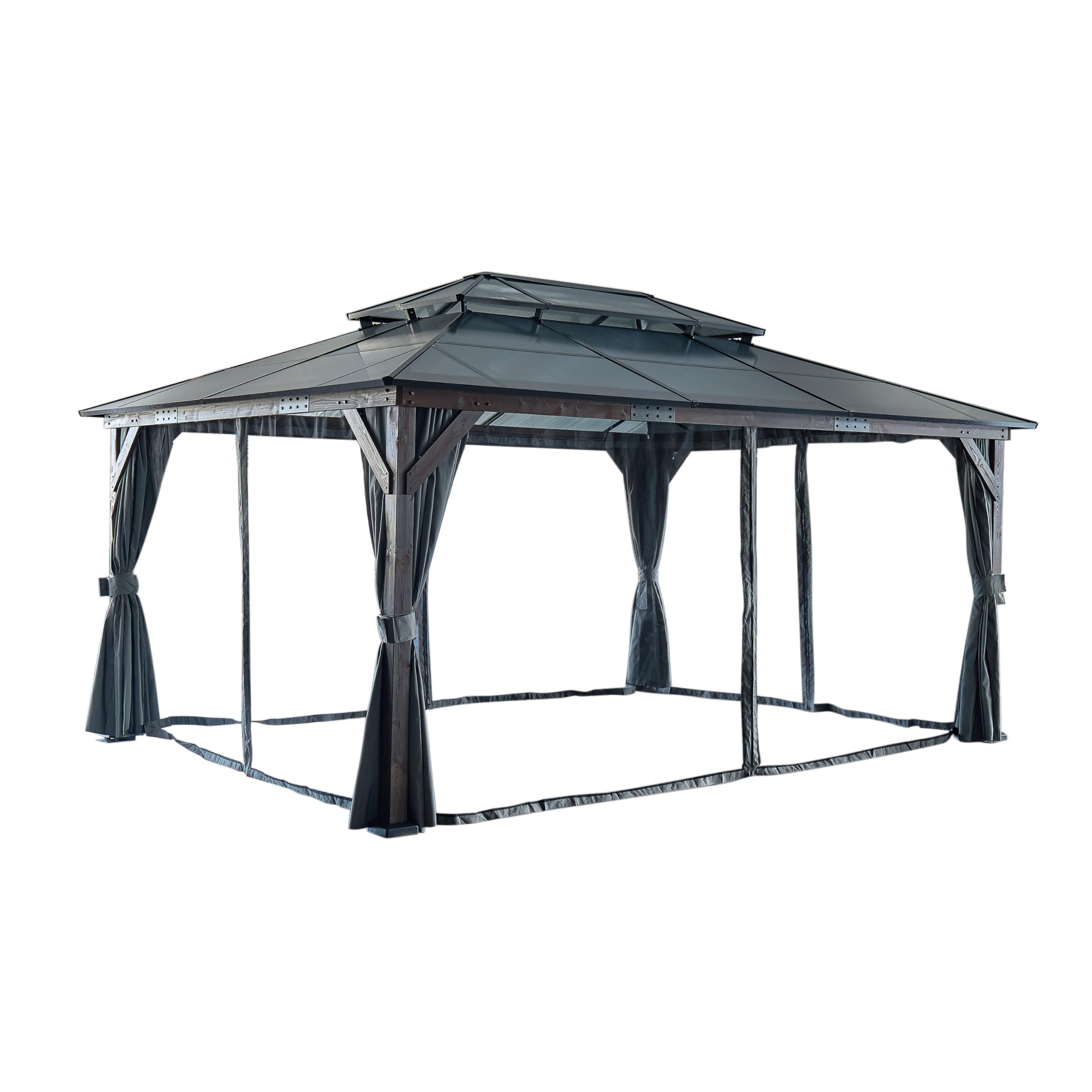 Yozma 10x13ft Hardtop Wooden Patio Canopy with Polycarbonate Double Roof, Privacy Curtains Mosquito Net – Solid Wood Frame for Backyard (Black + Brown, 1 Door)