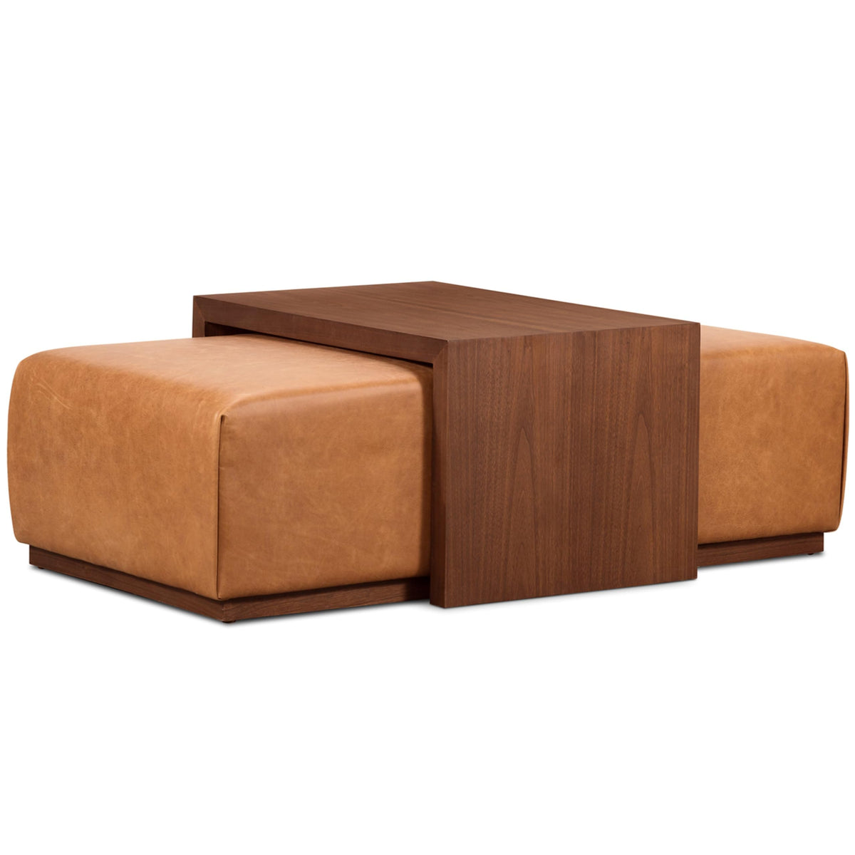 Leather Ottoman with Walnut Tray Table – Saddle Tan