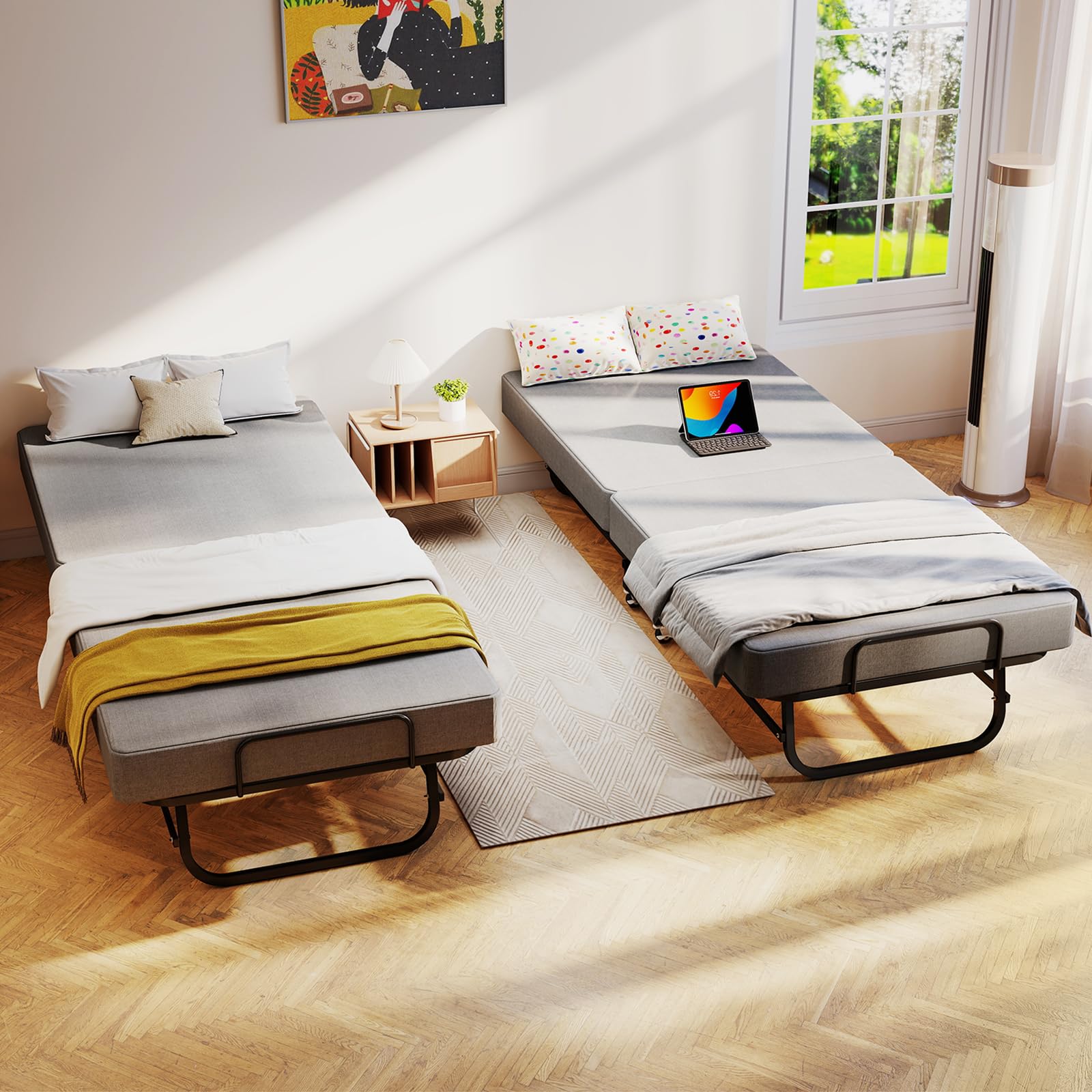 Folding Bed with Mattress for Adults, Portable Foldable Roll Away Bed on Wheels