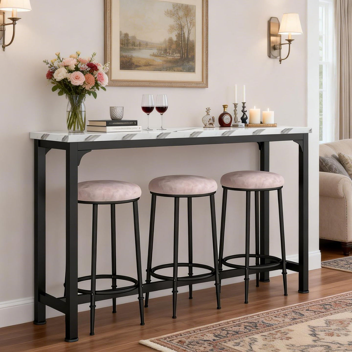 Bar Table and Stool Set, 4-Piece Counter Height Kitchen Table with 3 Chairs