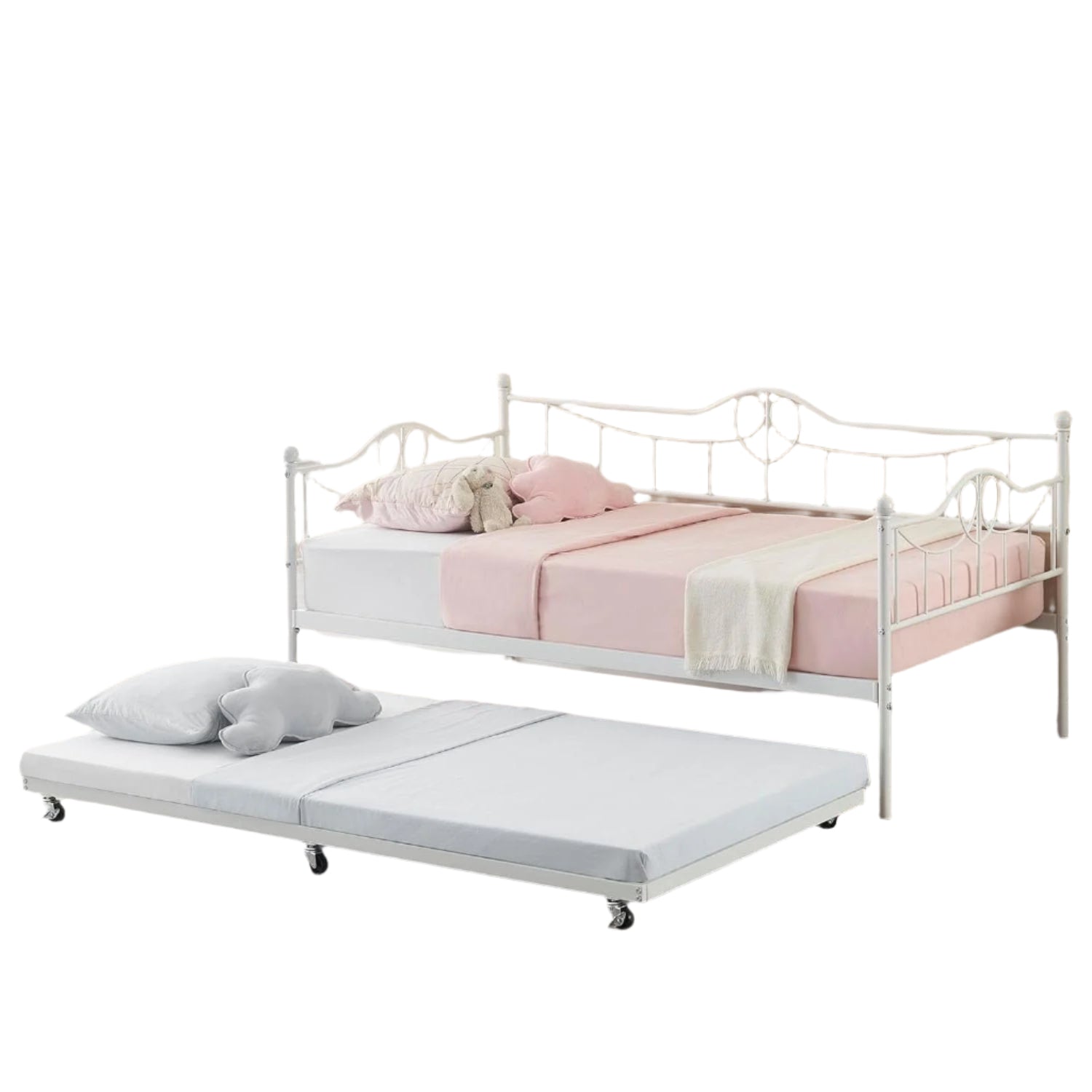 Daybed with Trundle Heavy Duty Steel Frame Pull Out Trundle Bed, Space