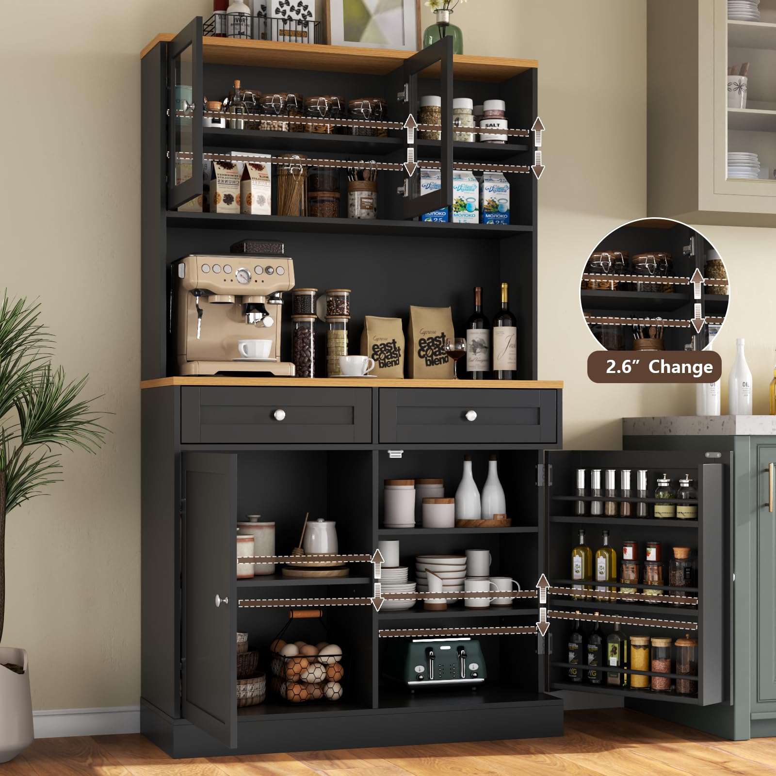 Tall Pantry Cabinet with Glass Doors & Microwave Stand