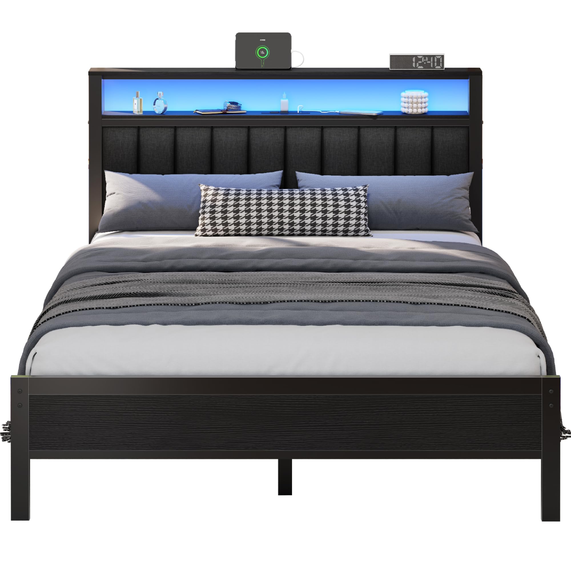 Queen Size Bed Frame with Charging Station and LED Lights, Platform Bed