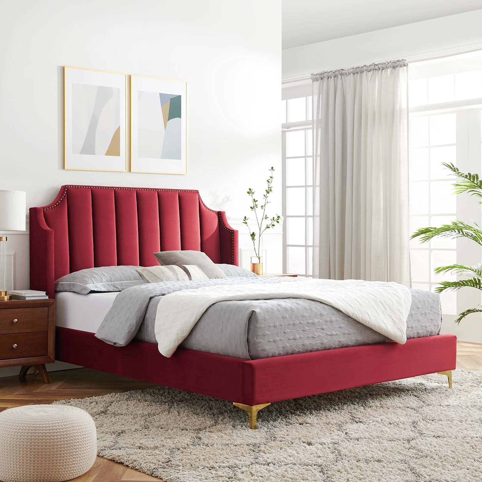 6412-MAR Daniella Performance Velvet Queen Platform Bed, Maroon