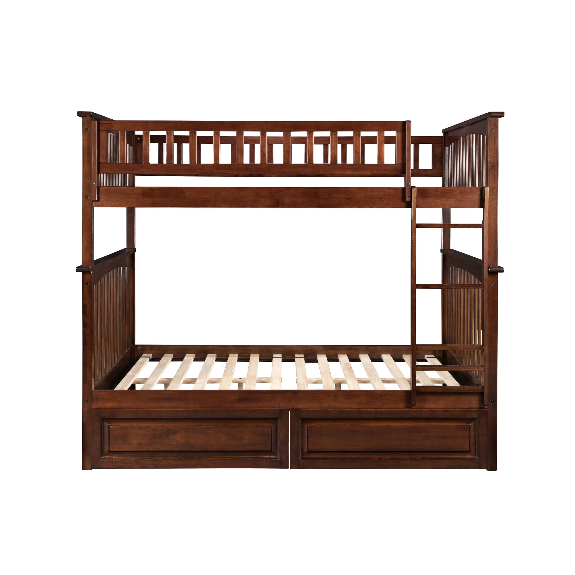 Full Over Full Size Bunk Bed with Raised Panel Bed Drawers & Charging