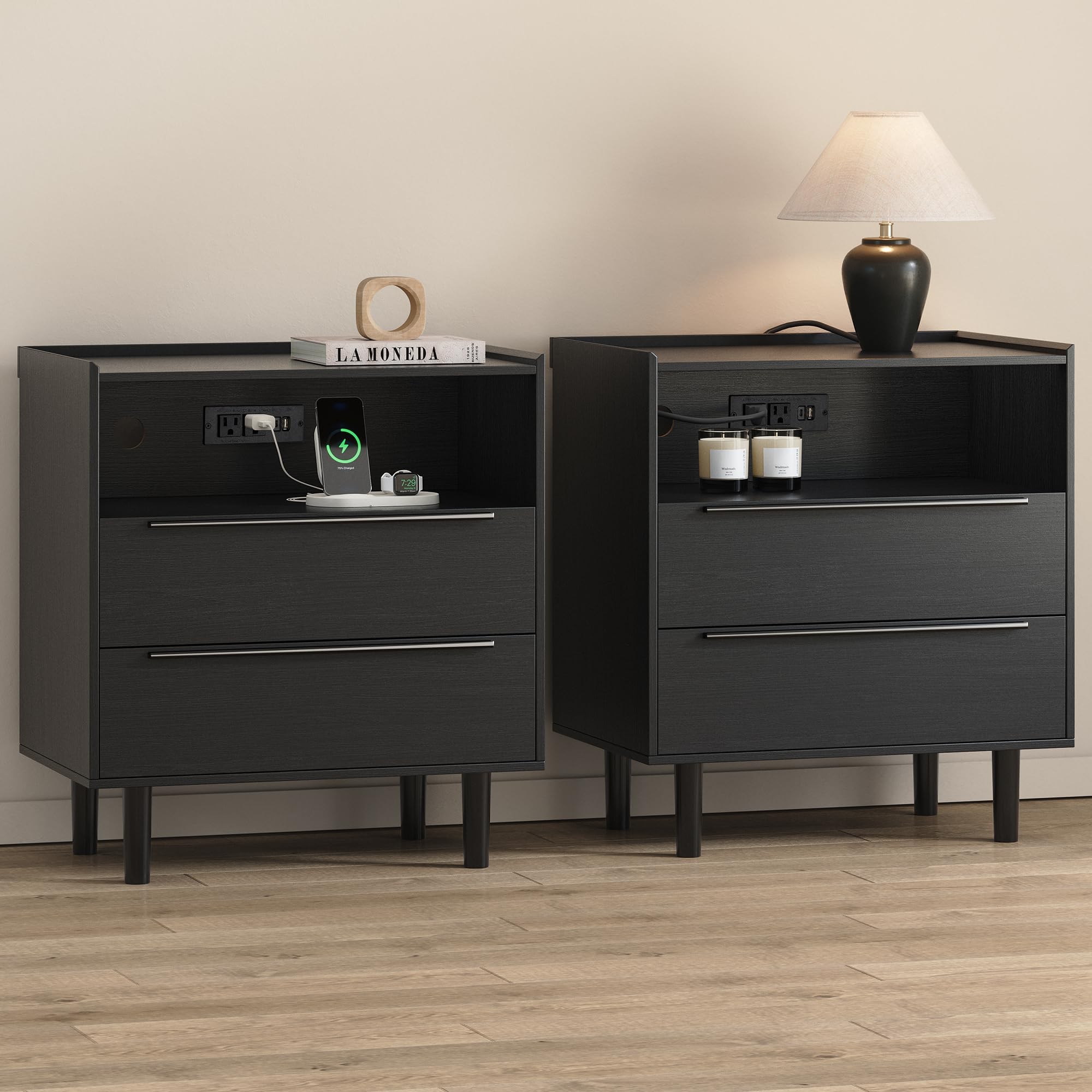Set of 2 Modern Black Nightstands with Hidden Charging Station, USB Ports