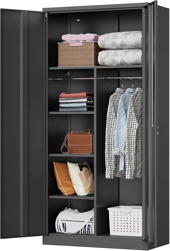 71" H Metal Armoire Wardrobe Cabinet with Doors and Shelves,5-Tire