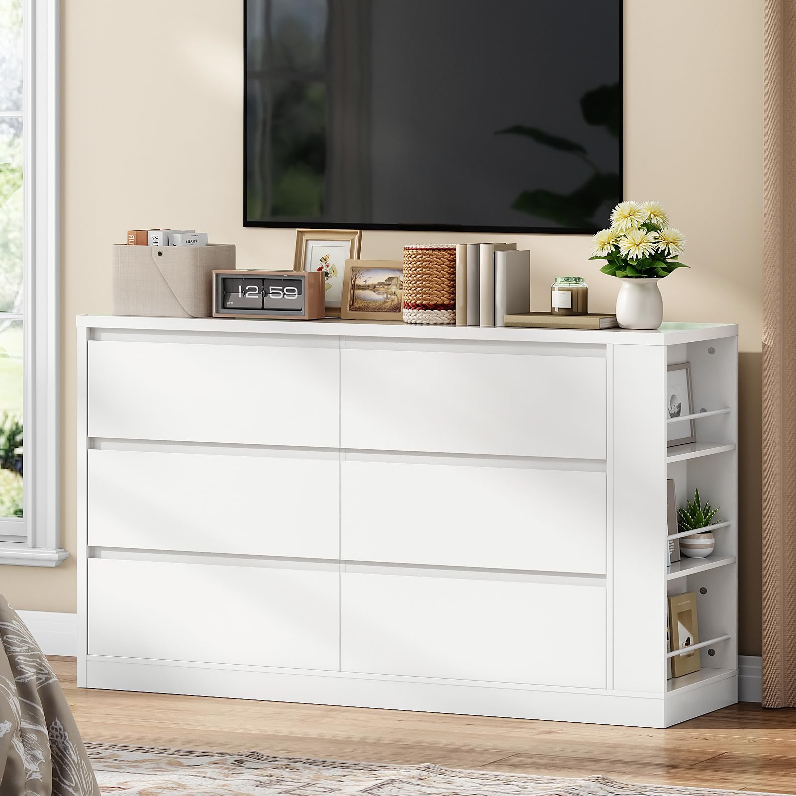 White 6 Drawer Dressers for Bedroom, Handless Double Dresser for Bedroom Wooden