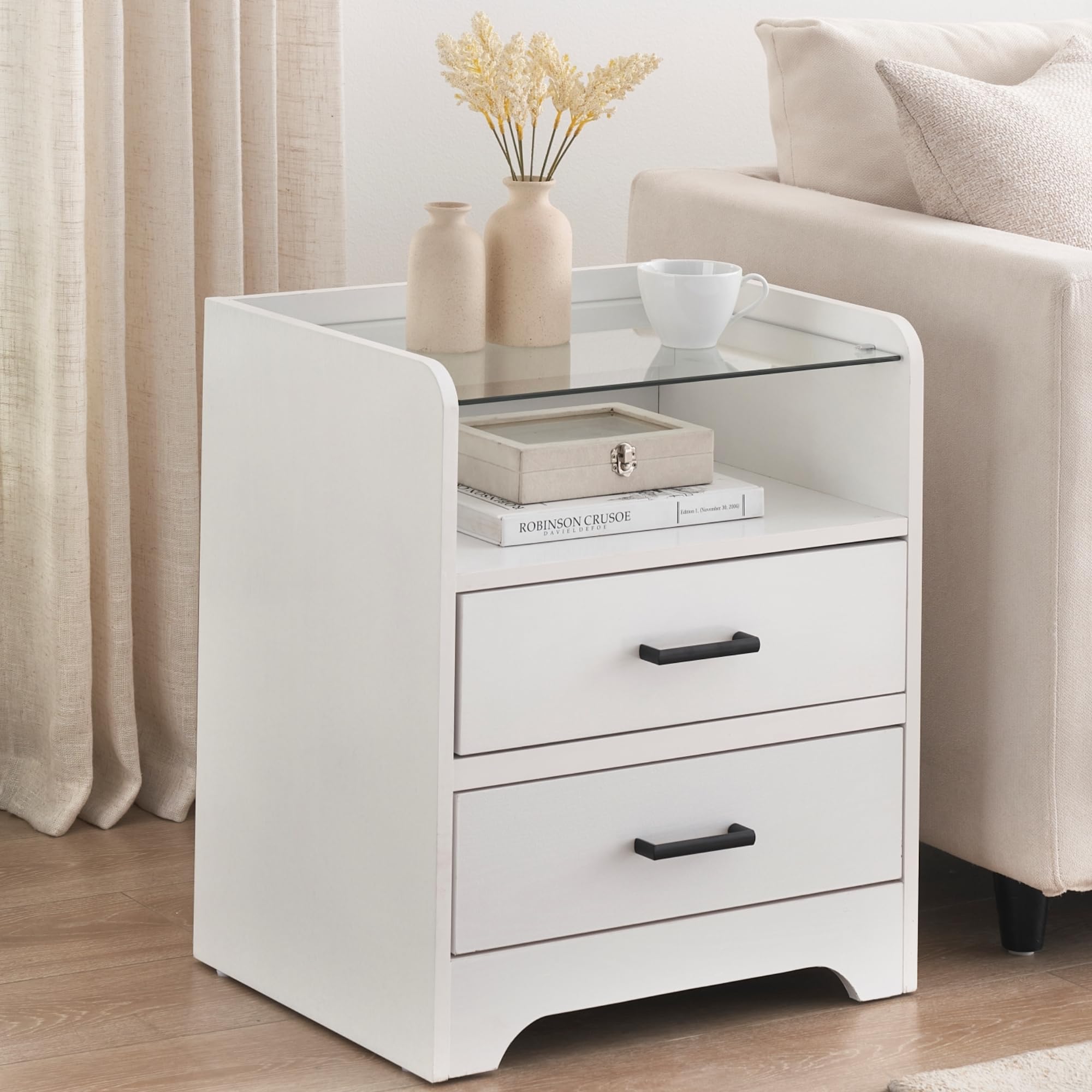 Night Stand with 2 Drawers, Smart End Side Table with LED Lights and Glass Top