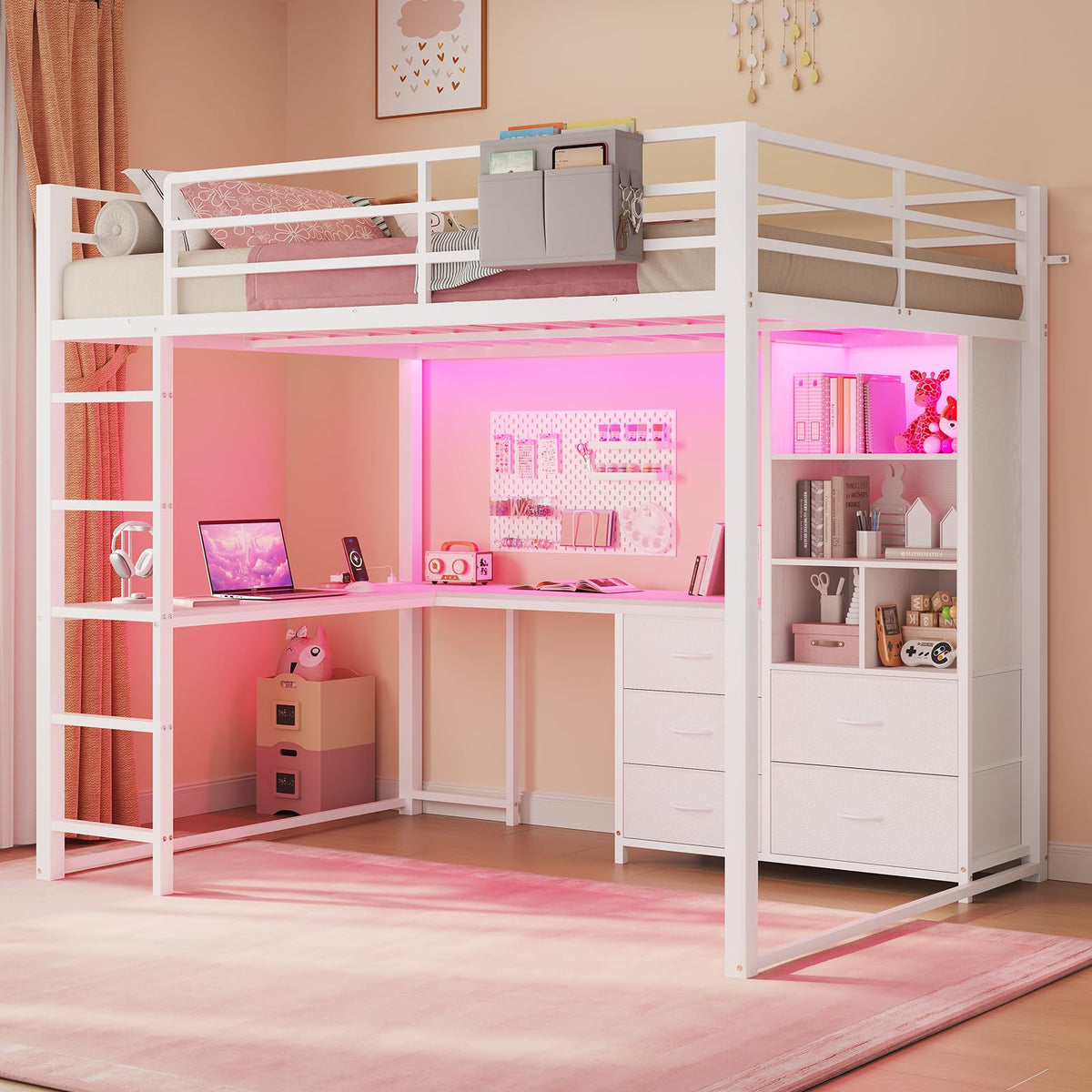 Full Size Loft Bed with L-Desk, Bookshelf & 5 Drawers