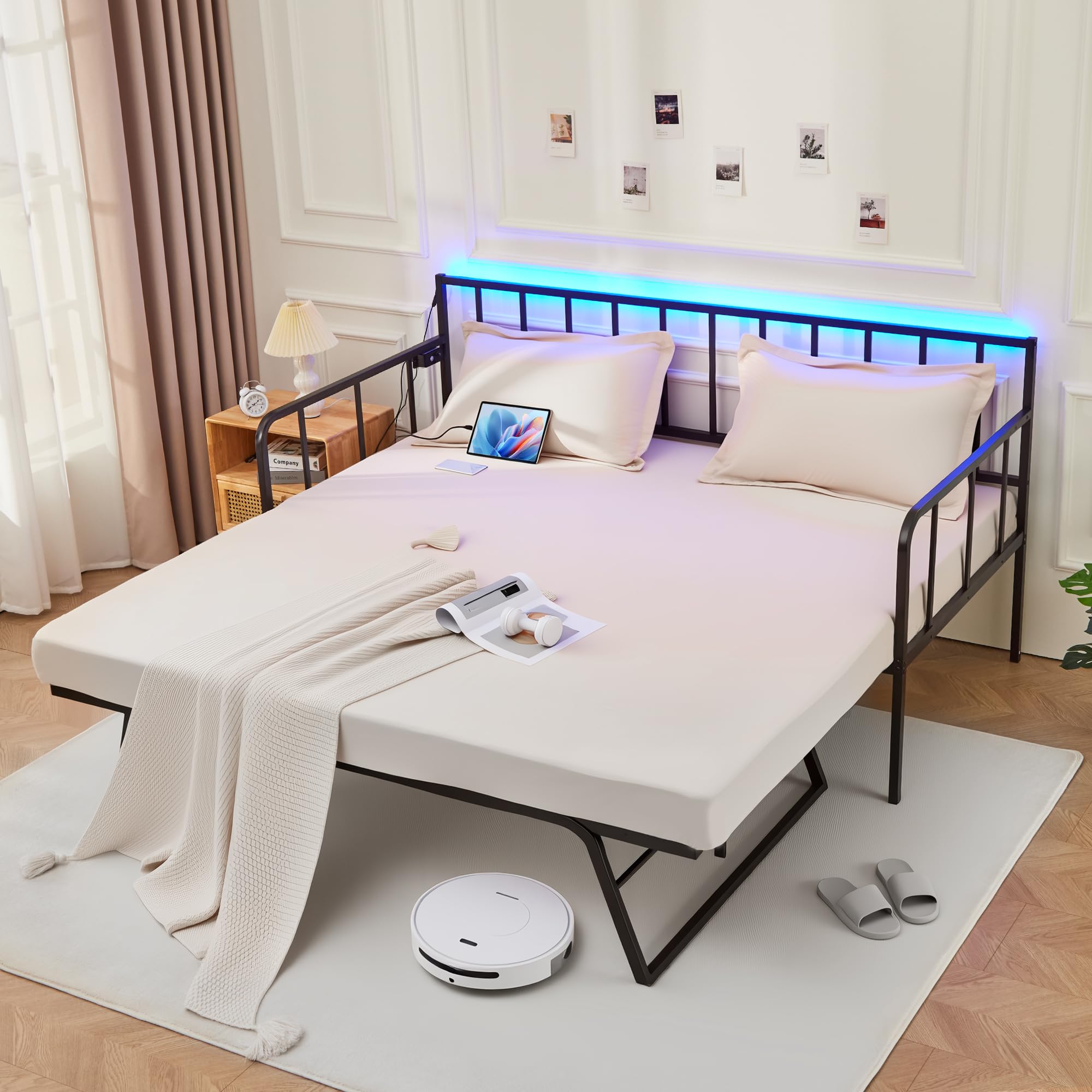 Daybed with Trundle Bed, Metal Bed Frame with Charging Station and LED Lights