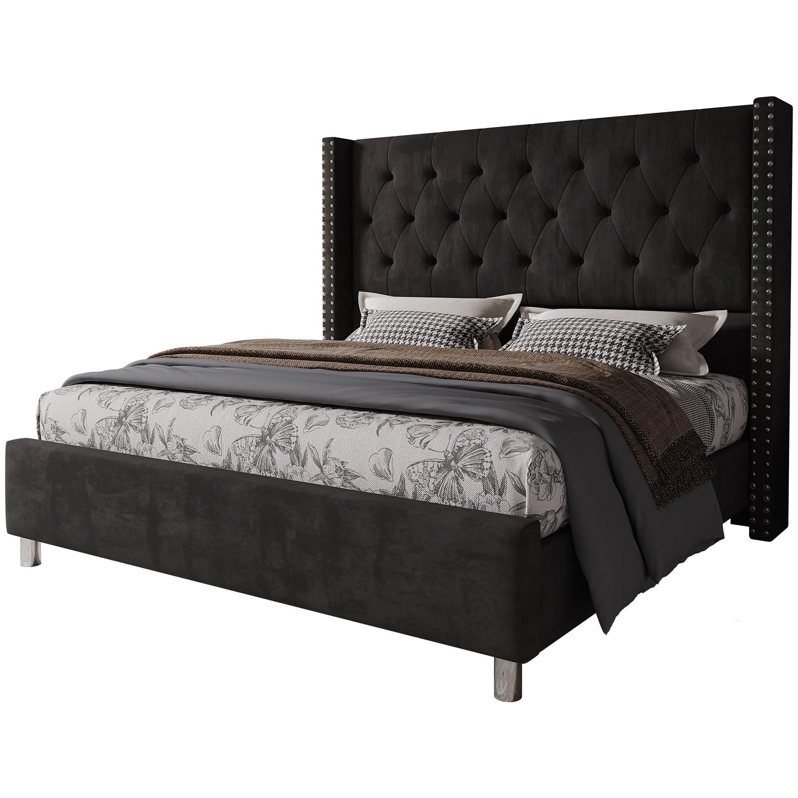 Queen Bed Frame Upholstered Bed Wingback Headboard Velvet Tufted Diamond B