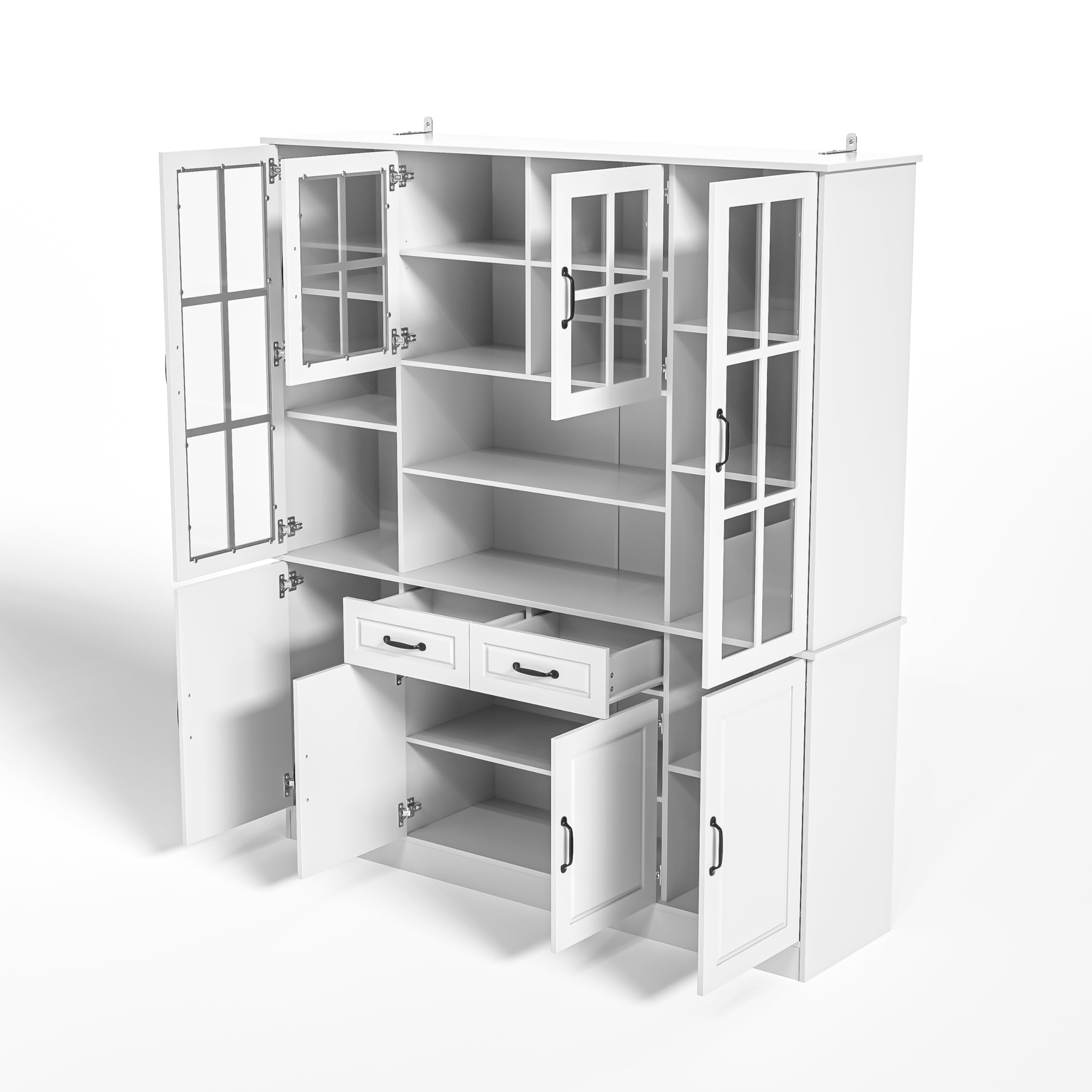 China Hutch Cabinet with Glass Doors, 2 Drawers & 5 Adjustable Shelves