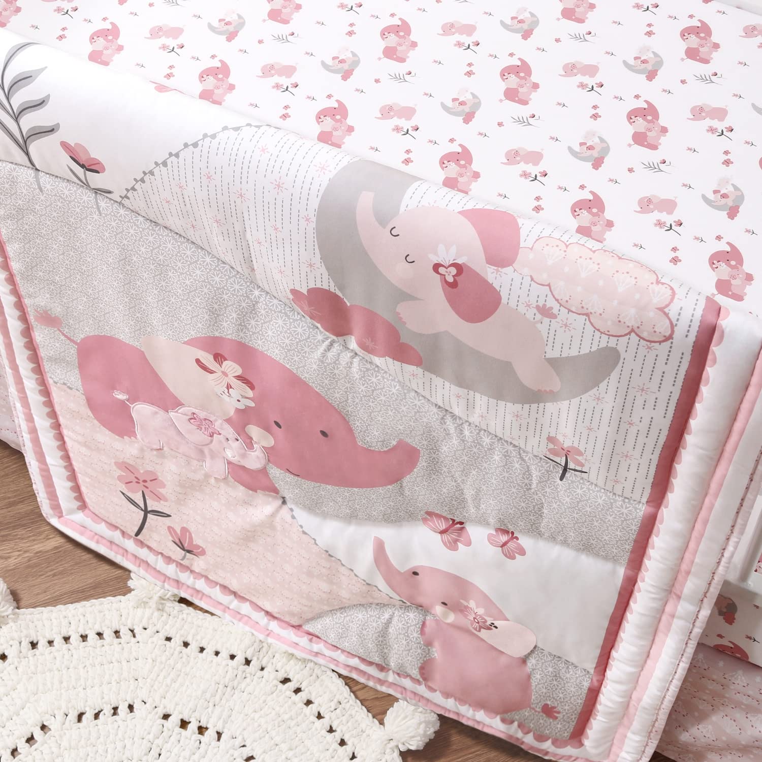 The Peanutshell 3 Piece Baby Crib Bedding Set for Girls - Newborn, Infant & Toddler Nursery Bed Set Decor with Fitted Crib Sheet, Dust Ruffle Comforter - Pink Elephant