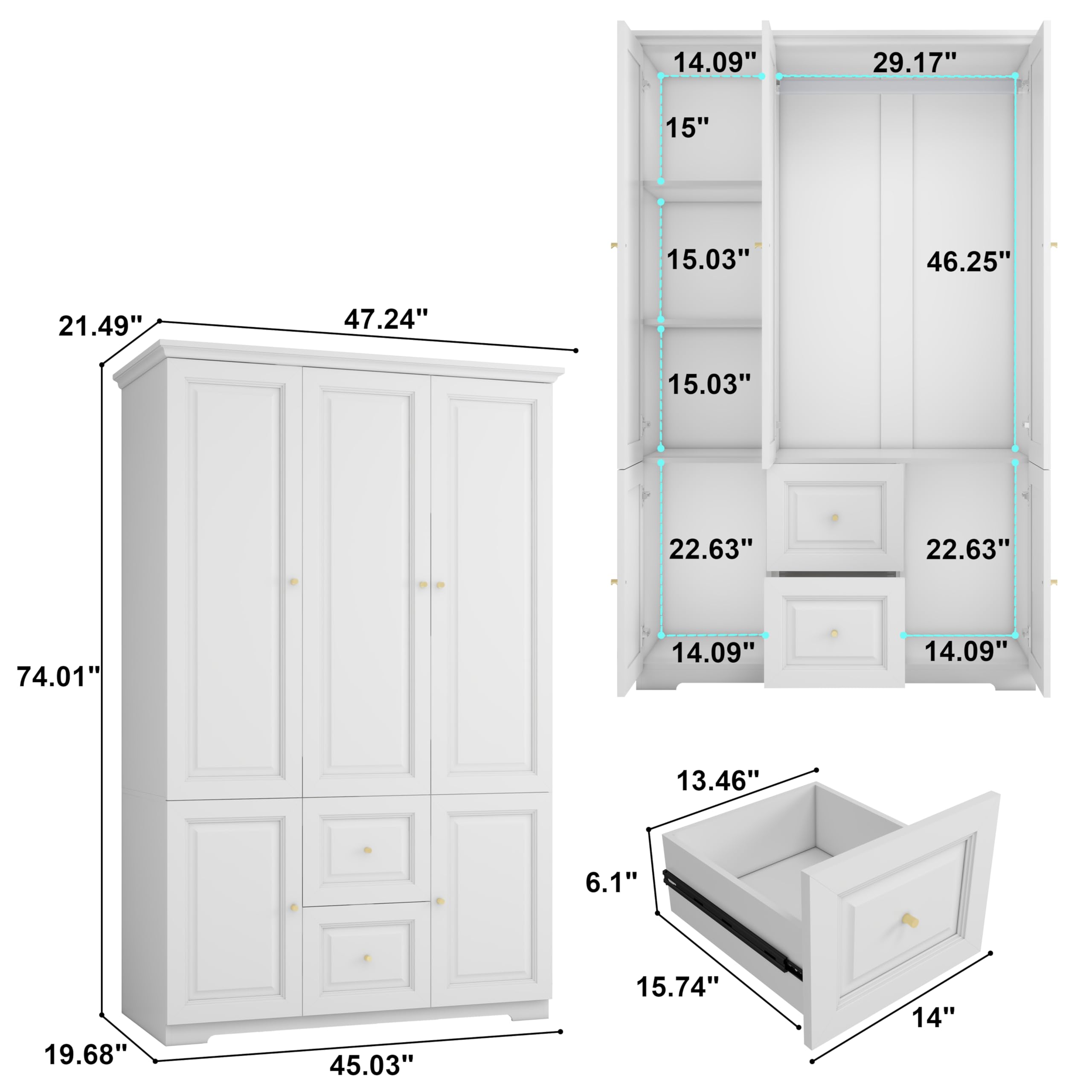 Armoires Wardrobe Closet with 3 Doors: 74" White Wardrobe