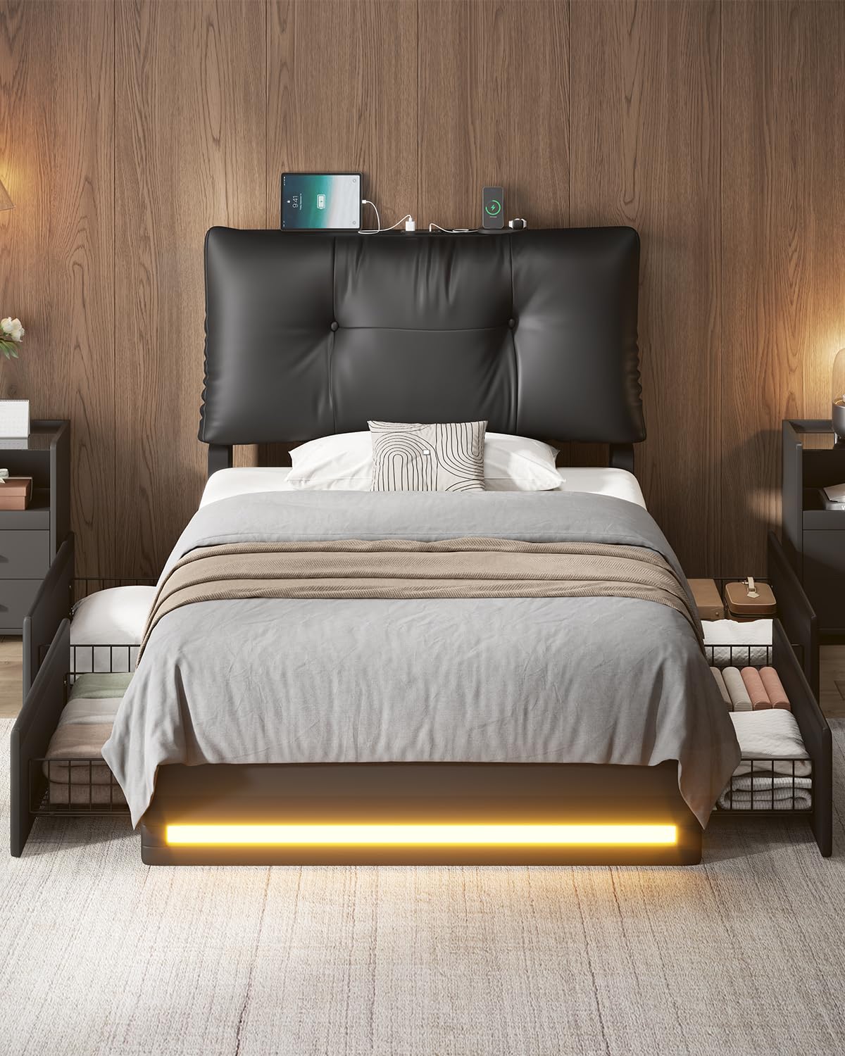Twin Bed Frame with Removable Upholstered Thick Backrest Headboard, Led Twin Bed