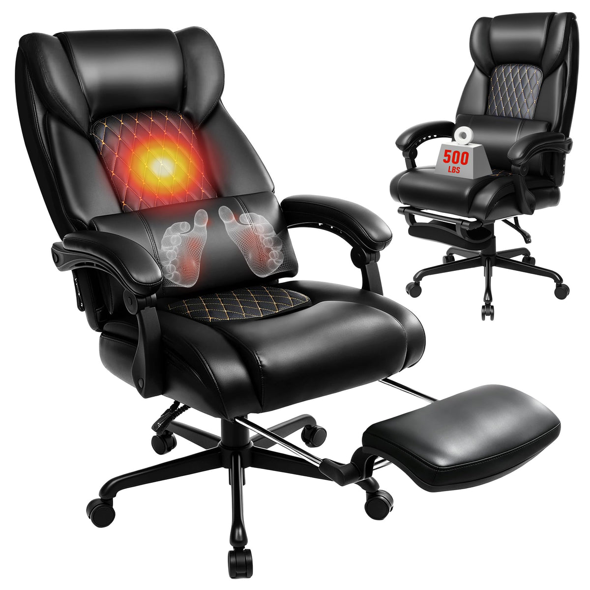 Heated Massage Office Chair with Footrest – 500 lbs