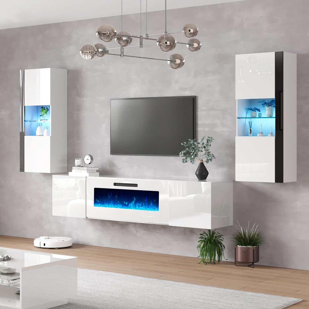 Wall Entertainment Center with 40" Electric Fireplace & LED Wall Cabinets