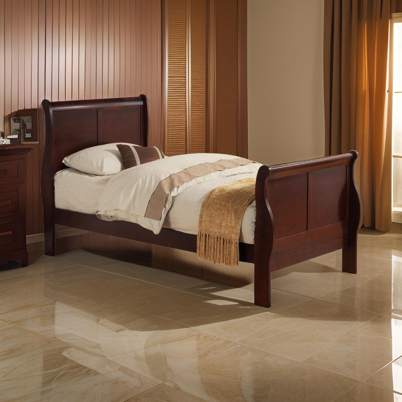 Transitional Panel Design Sleigh Twin Size Bed, Cherry Brown