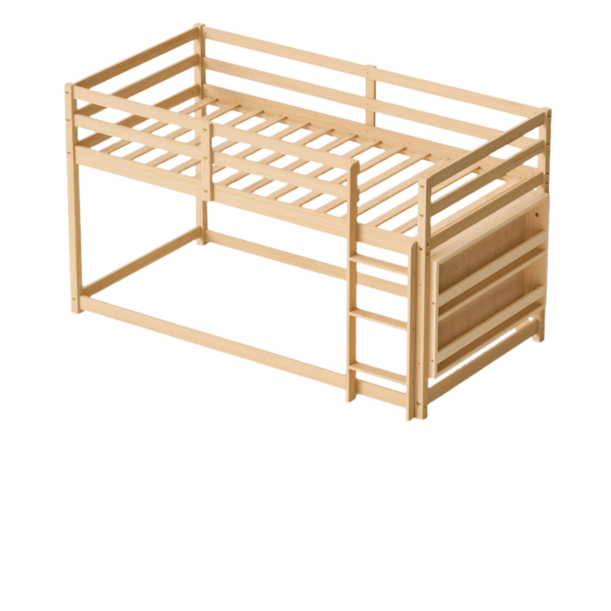 Low Bunk Bed Twin Over Twin, Floor Bunk Bed with Bookshelf&Ladder