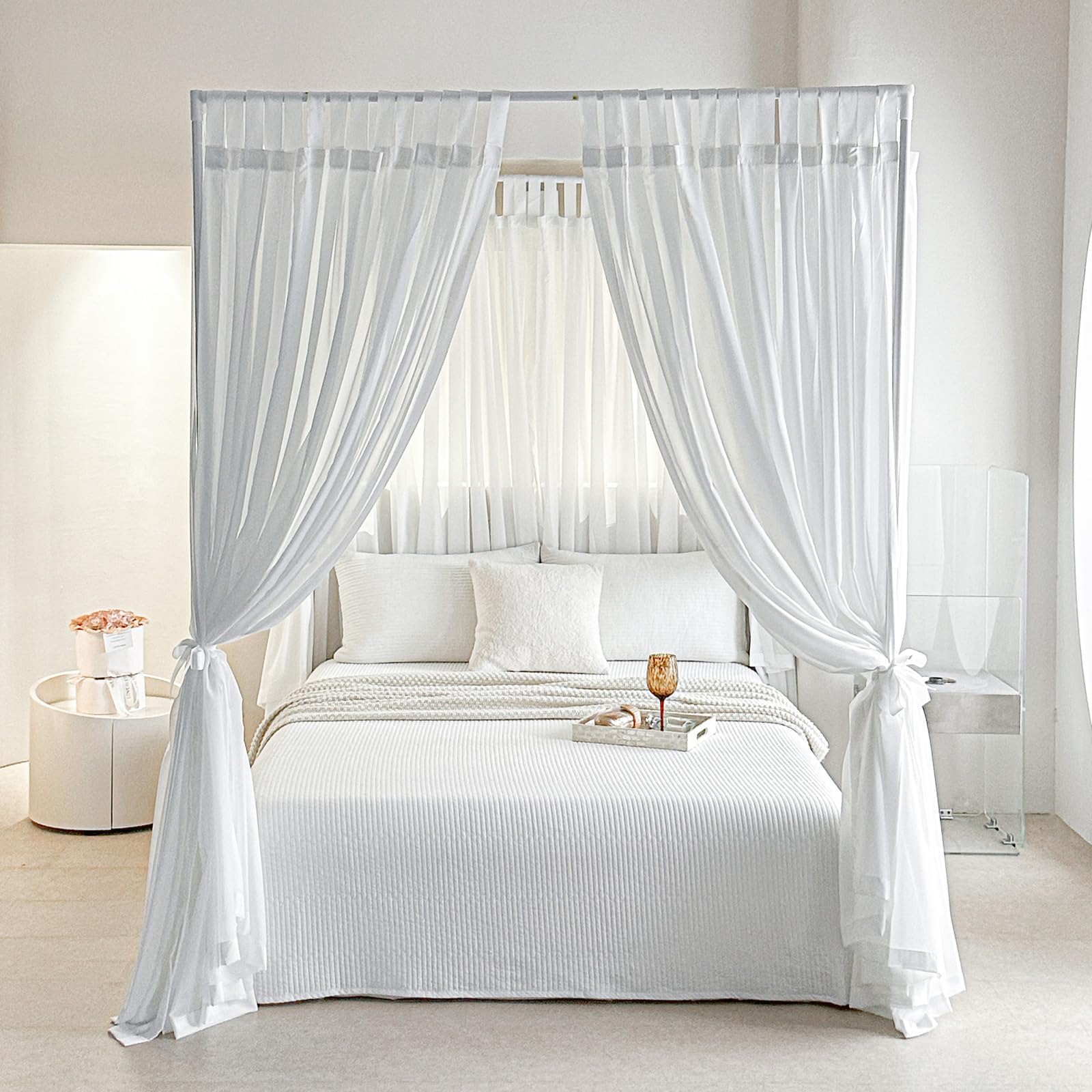Canopy Bed Board with Top and Self-Adhesive Strips, White Gauze